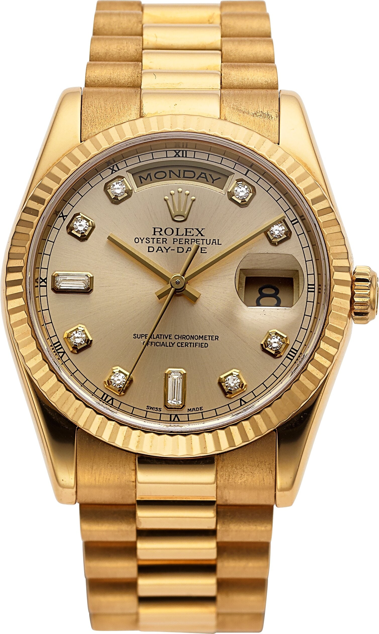 Rolex Oyster Perpetual Day-Date, 18k Yellow Gold: Rolex Oyster Perpetual Day-Date, 18k Yellow Gold, Diamond Set Dial, Ref. 118238 Case: 36 mm, 18k yellow gold, three body, screw-down case back, f