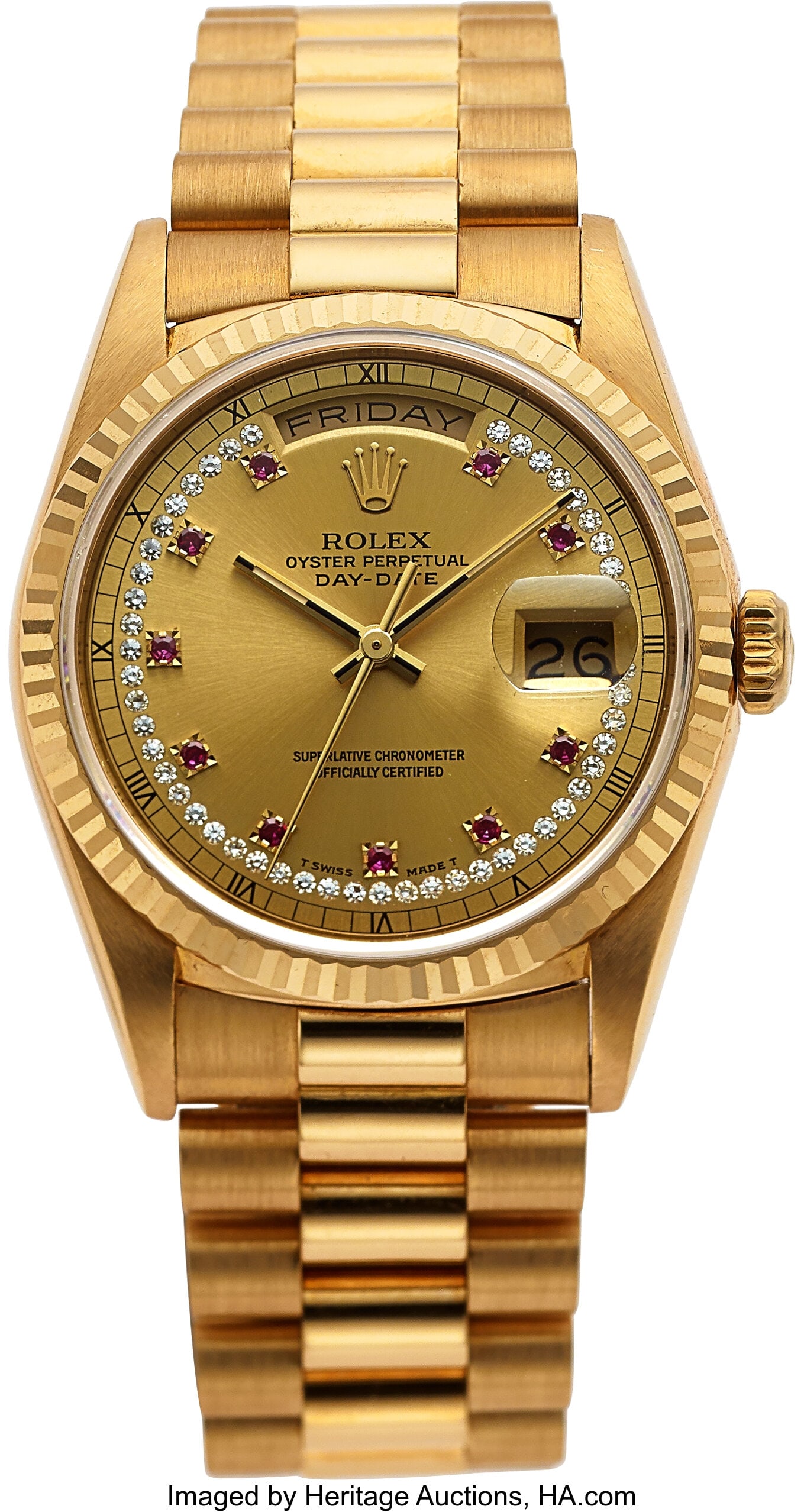 Rolex Day-Date, 18k Yellow Gold, Diamond and Rub: Rolex Day-Date, 18k Yellow Gold, Diamond and Ruby Set Dial, Ref. 18238 Case: 36 mm, 18k yellow gold, three body, screw-down case back, fixed flut