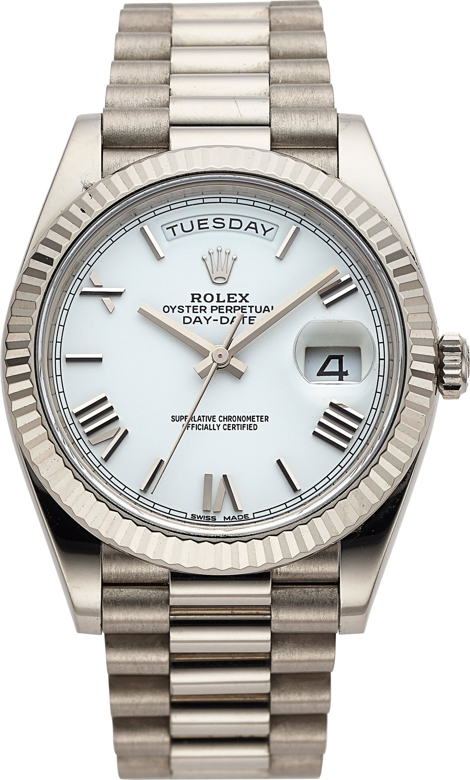 Rolex Oyster Perpetual Day-Date, 18k White Gold,: Rolex Oyster Perpetual Day-Date, 18k White Gold, Ref. 228239 Case: 40 mm, 18k white gold, three body, screw-down case back and crown, fixed fluted beze