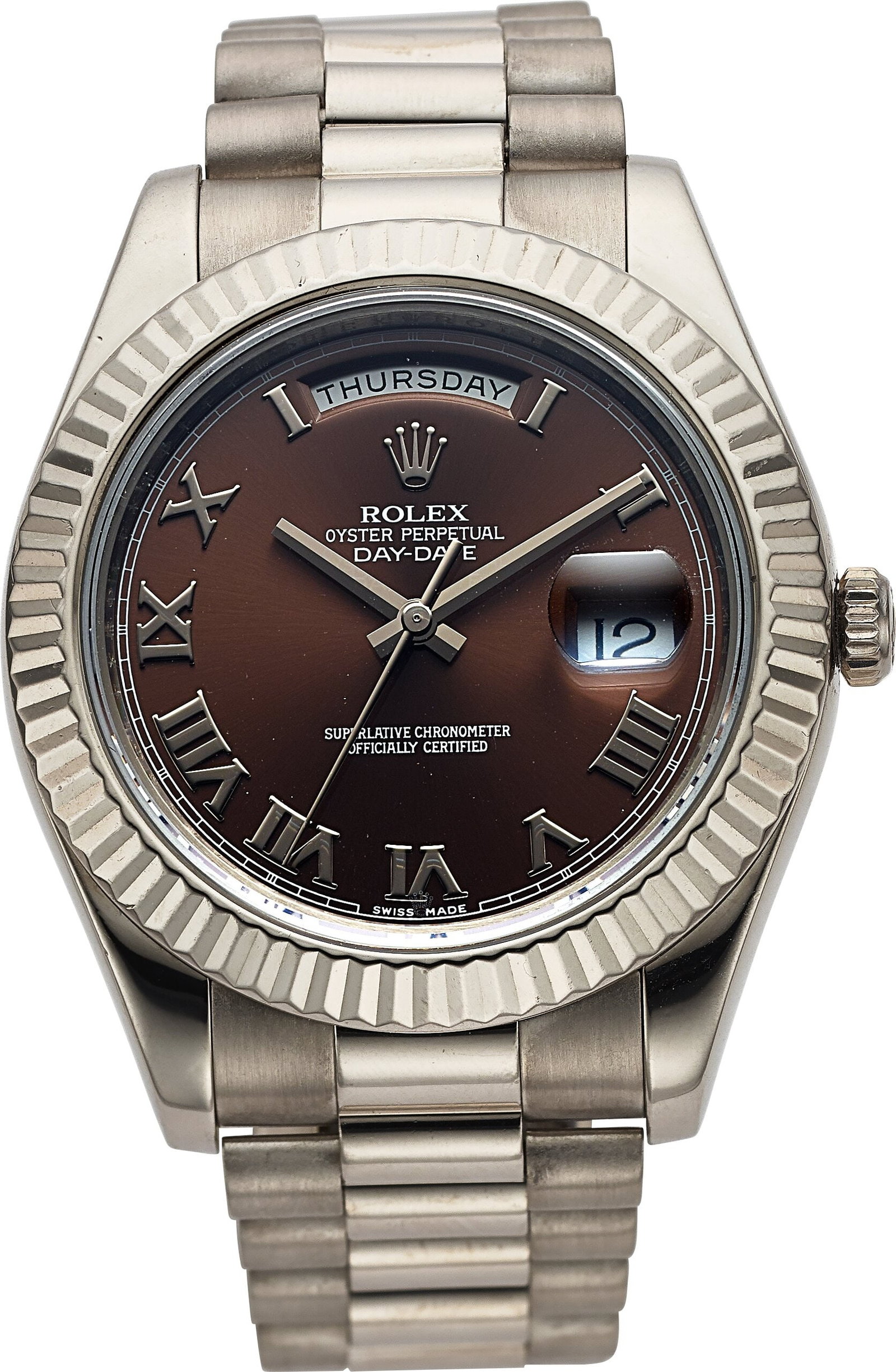 Rolex Oyster Perpetual Day-Date, 18k White Gold,: Rolex Oyster Perpetual Day-Date, 18k White Gold, Ref. 218239 Case: 41 mm, 18k white gold, three body, screw-down case back, fixed fluted bezel, N
