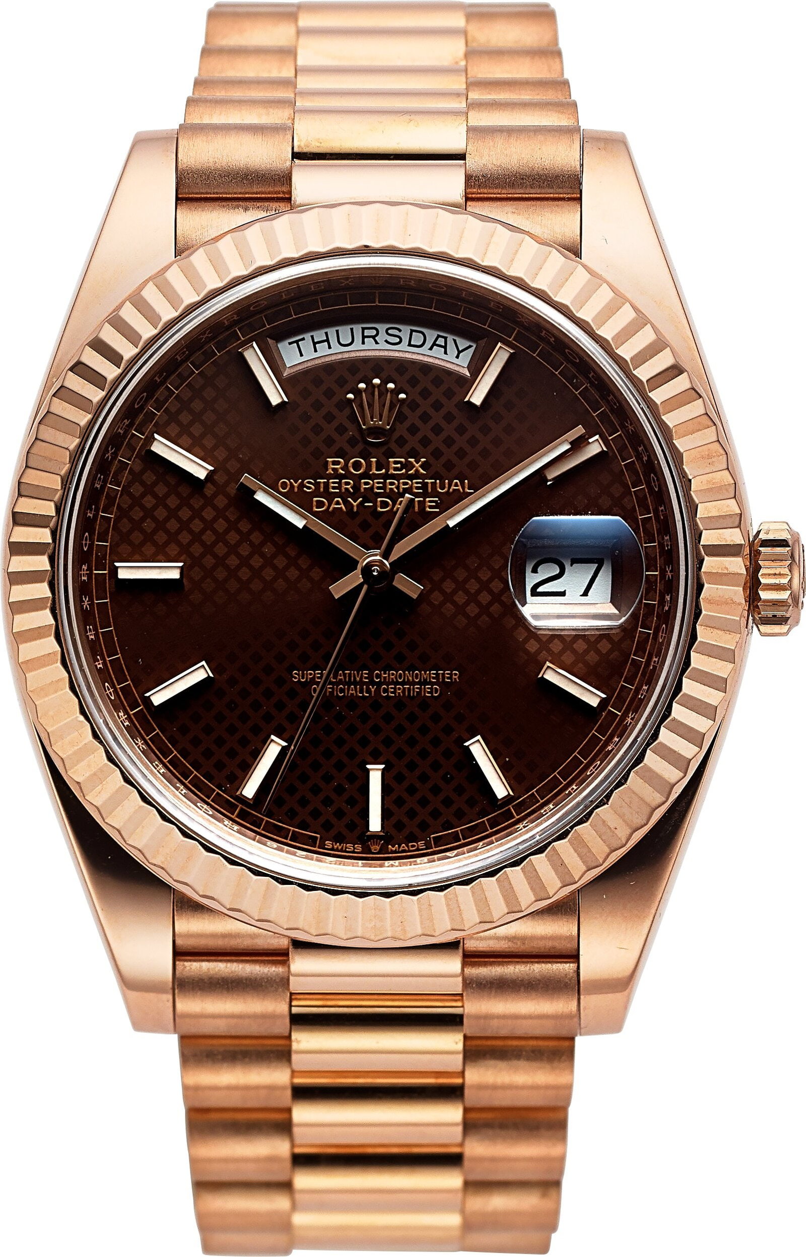Rolex Oyster Perpetual Day-Date, 18k Everose Gol: Rolex Oyster Perpetual Day-Date, 18k Everose Gold, Full Set, Ref. 228235 Case: 40 mm, 18k Everose gold, three body, screw-down case back and crown&comm