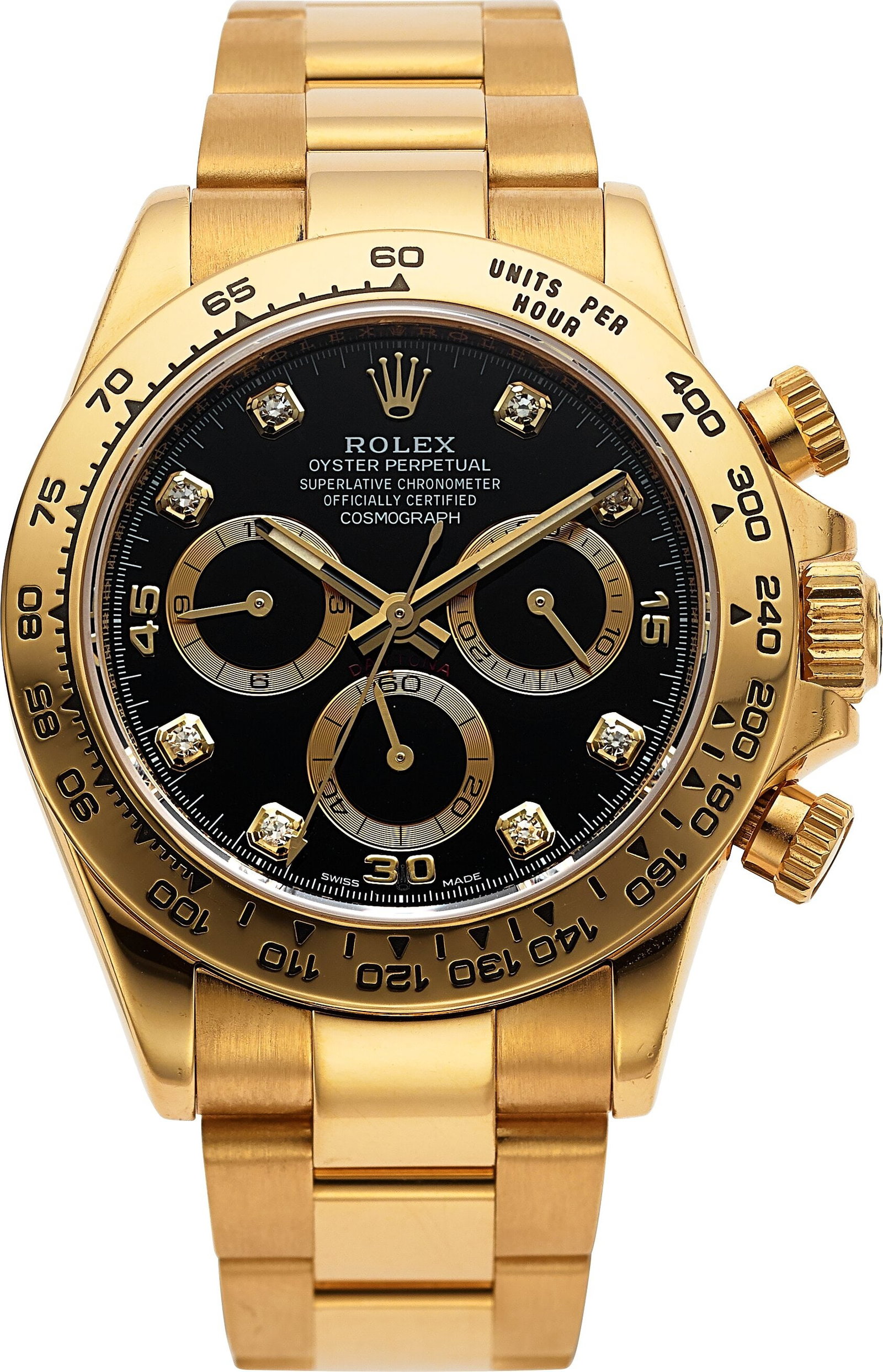 Rolex Cosmograph Daytona, 18k Yellow Gold, Diamo: Rolex Cosmograph Daytona, 18k Yellow Gold, Diamond Set Dial, Ref. 116508 Case: 38 mm, 18k yellow gold, three body, screw-down case back, crown&co