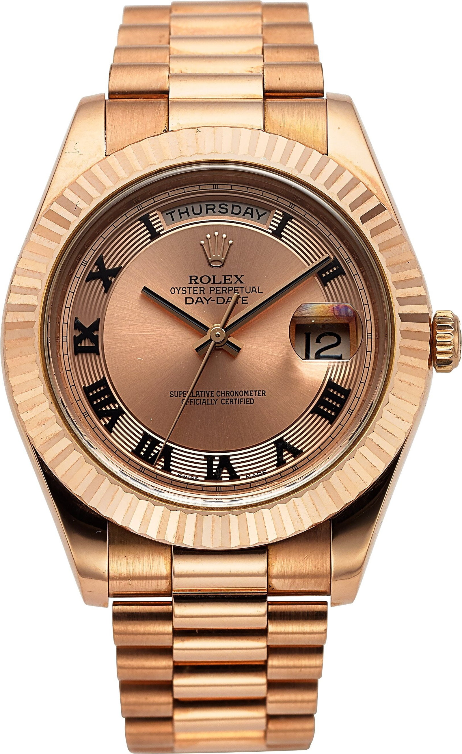 Rolex Oyster Perpetual Day-Date, 18k Rose Gold, : Rolex Oyster Perpetual Day-Date, 18k Rose Gold, Full Set, Ref. 218235 Case: 41 mm, 18k rose gold, three body, screw-down case back, fixed fluted 