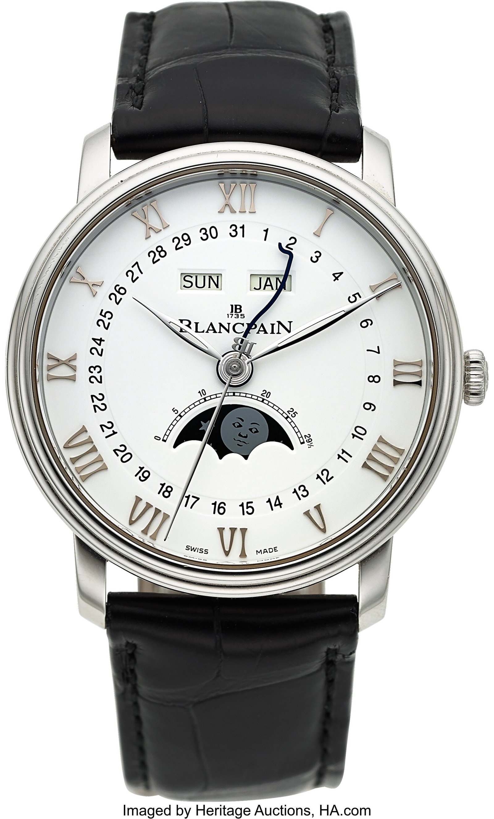 Blancpain Villeret Quantième Complet Phases de : Blancpain Villeret Quantième Complet Phases de Lune, Full Set, Ref. 6654 Case: 40 mm, stainless steel, three body, exhibition case back, setting