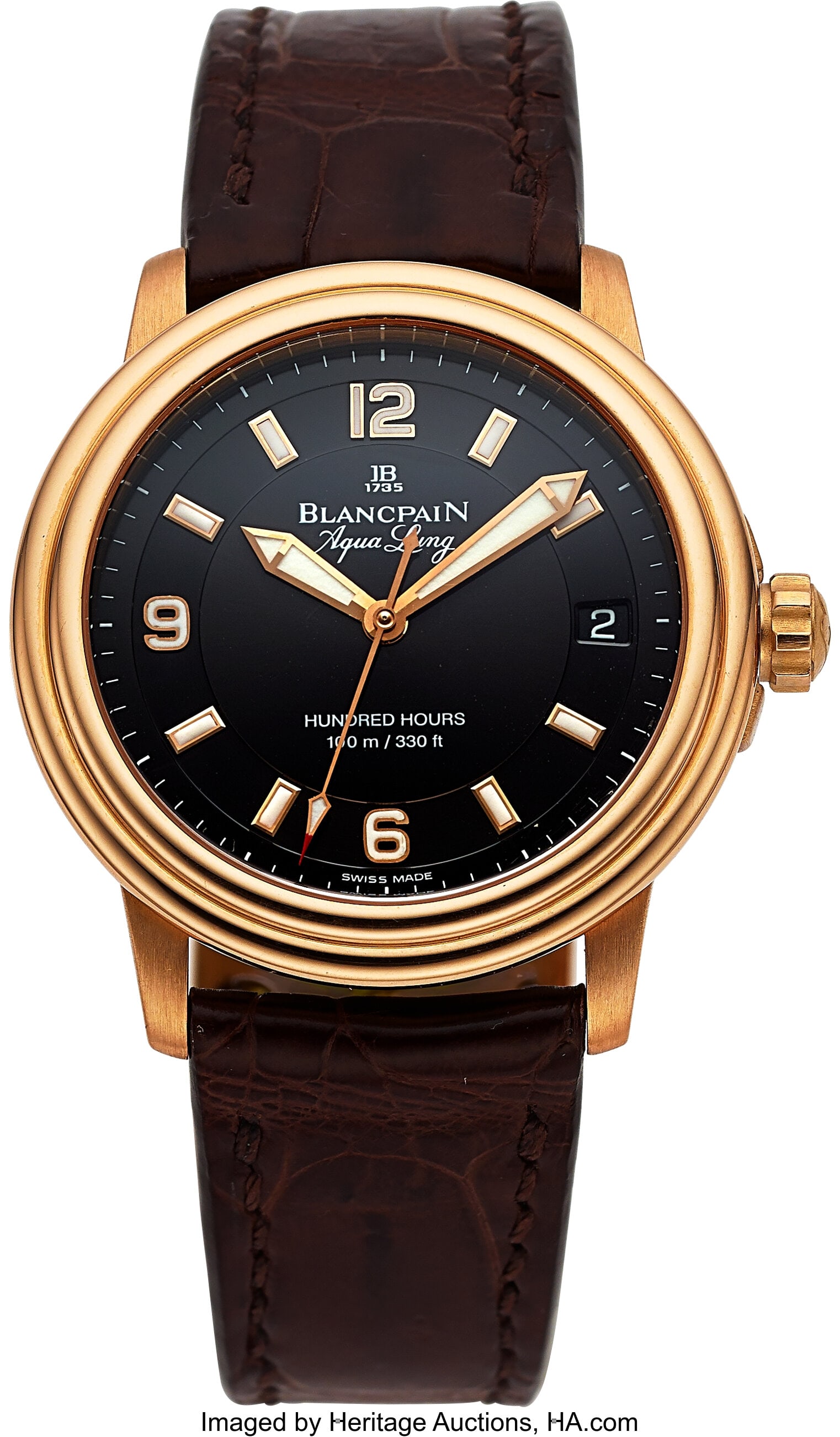 Blancpain Aqua Lung, 18k Rose Gold, LE. 186/200 : Blancpain Aqua Lung, 18k Rose Gold, LE. 186/200 Case: 38 mm, 18k rose gold, three body, screw-down exhibition case back, fixed stepped bezel,