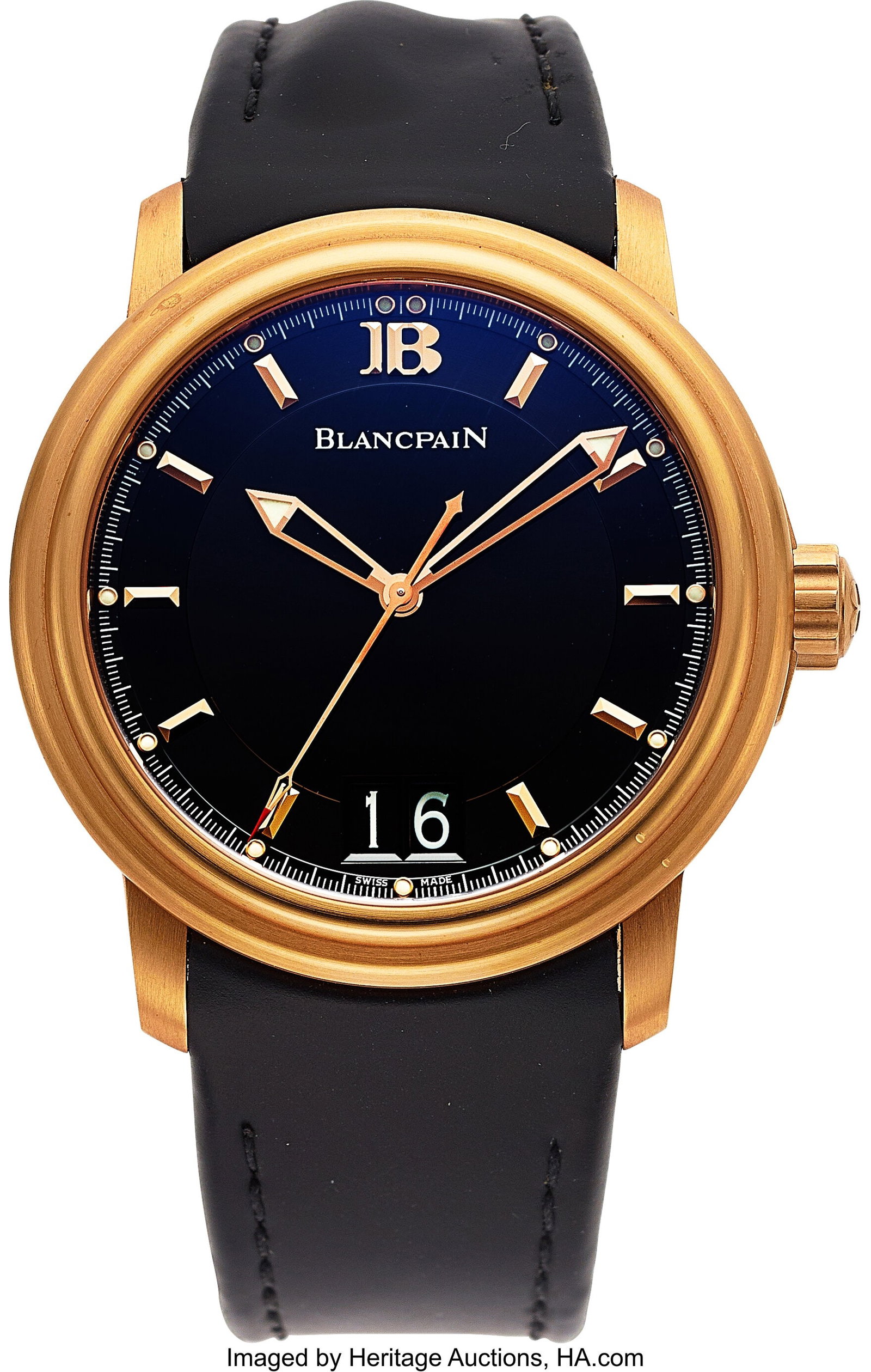 Blancpain Leman Big Date 18k Rose Gold Limited, : Blancpain Leman Big Date 18k Rose Gold Limited, Ref. 2850A Case: 40 mm, 18k rose gold, three body, screw-down exhibition case back, fixed stepped bezel&comma
