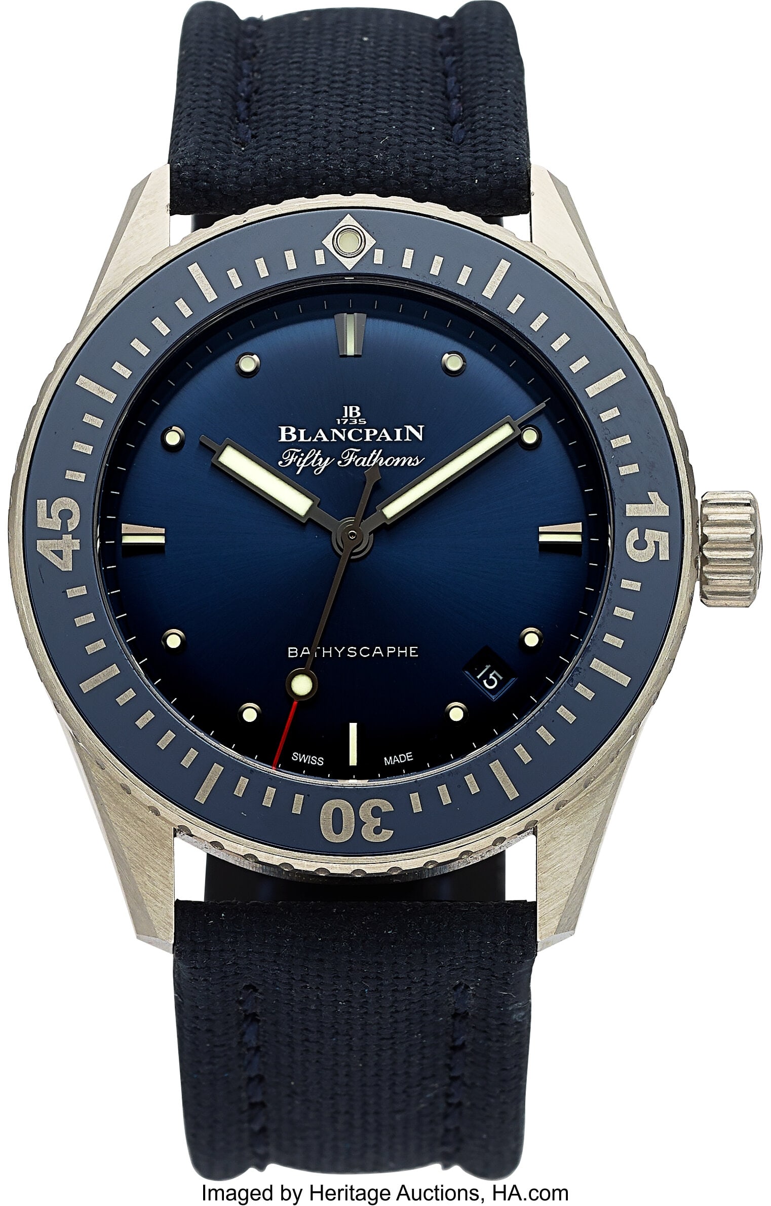 Blancpain Fifty Fathoms Bathyscaphe, Blue Dial, : Blancpain Fifty Fathoms Bathyscaphe, Blue Dial, Ref. 5100-1140 Case: 38 mm, stainless steel, three body, screw-down exhibition case back, unidirectiona