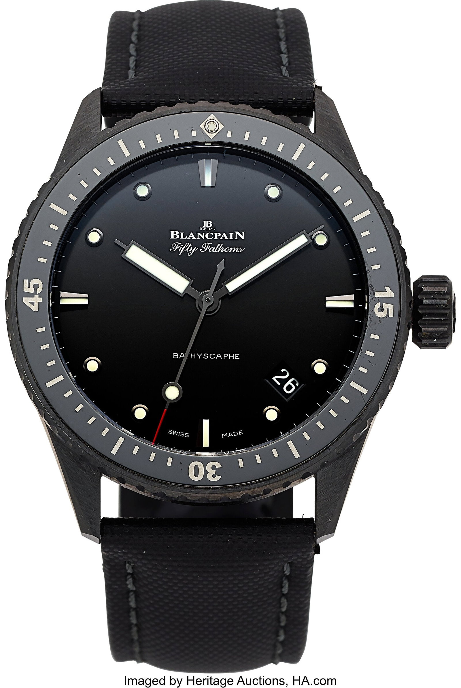 Blancpain Fifty Fathoms Bathyscaphe, Black Ceram: Blancpain Fifty Fathoms Bathyscaphe, Black Ceramic, Ref. 5000-0130-B52A Case: 43 mm, black ceramic, three body, screw-down exhibition case back and crown&com