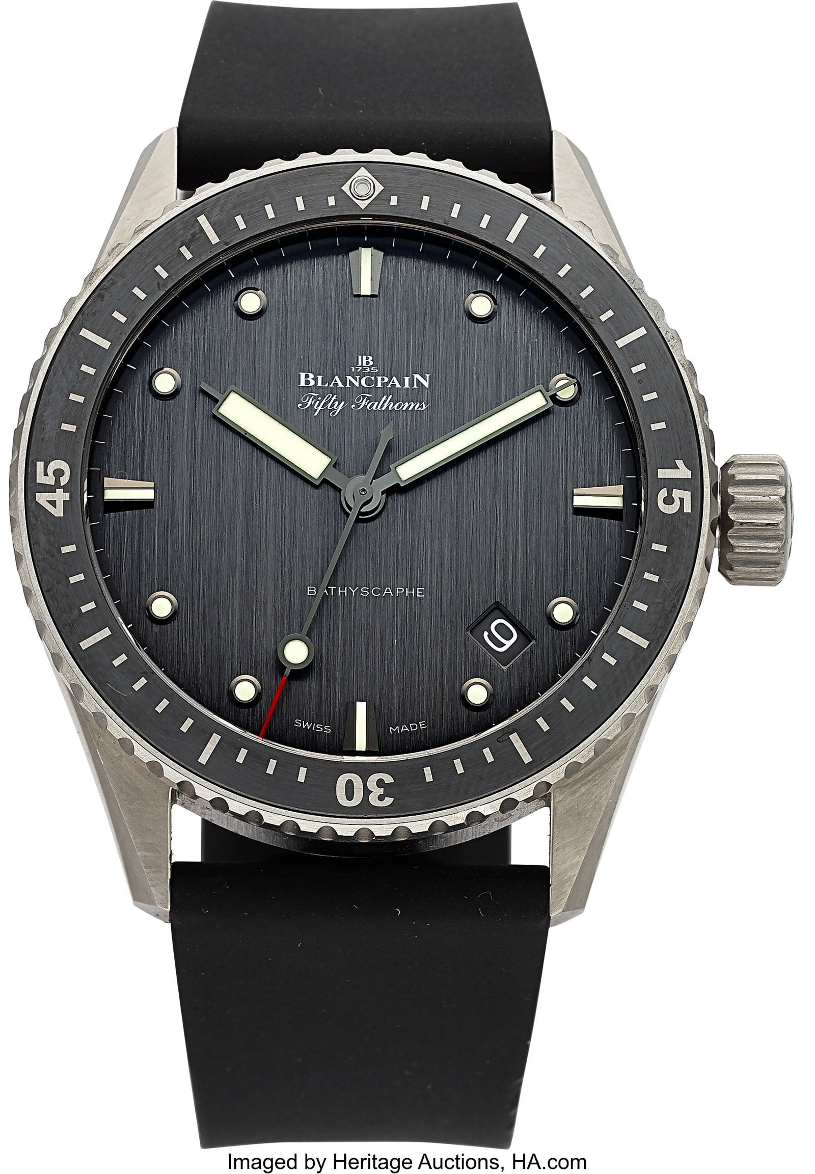 Blancpain Fifty Fathoms Bathyscaphe, Black Brush: Blancpain Fifty Fathoms Bathyscaphe, Black Brushed Dial, Ref. 5000-1230-B52A Case: 43 mm, titanium, three body, screw-down exhibition case back, unidir
