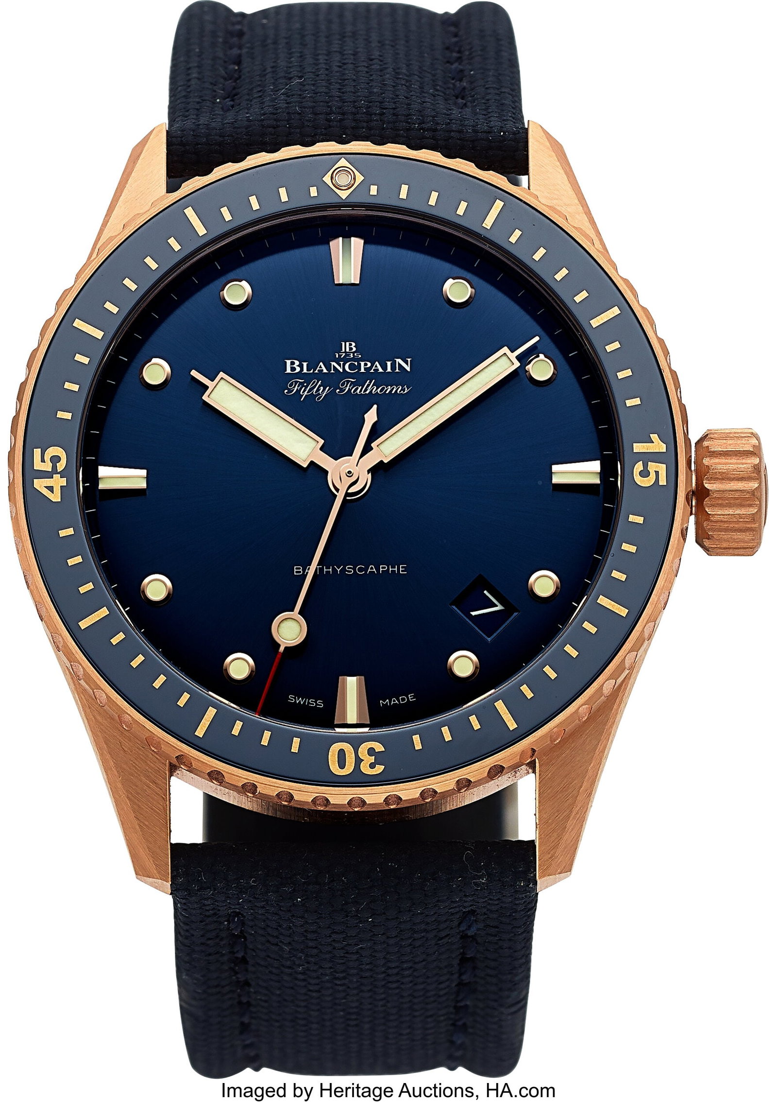 Blancpain Fifty Fathoms Bathyscaphe, 18k Rose Go: Blancpain Fifty Fathoms Bathyscaphe, 18k Rose Gold, Ref. 5000-36S40-NAOA Case: 43 mm, 18k rose gold, three body, screw-down exhibition case back, unidi