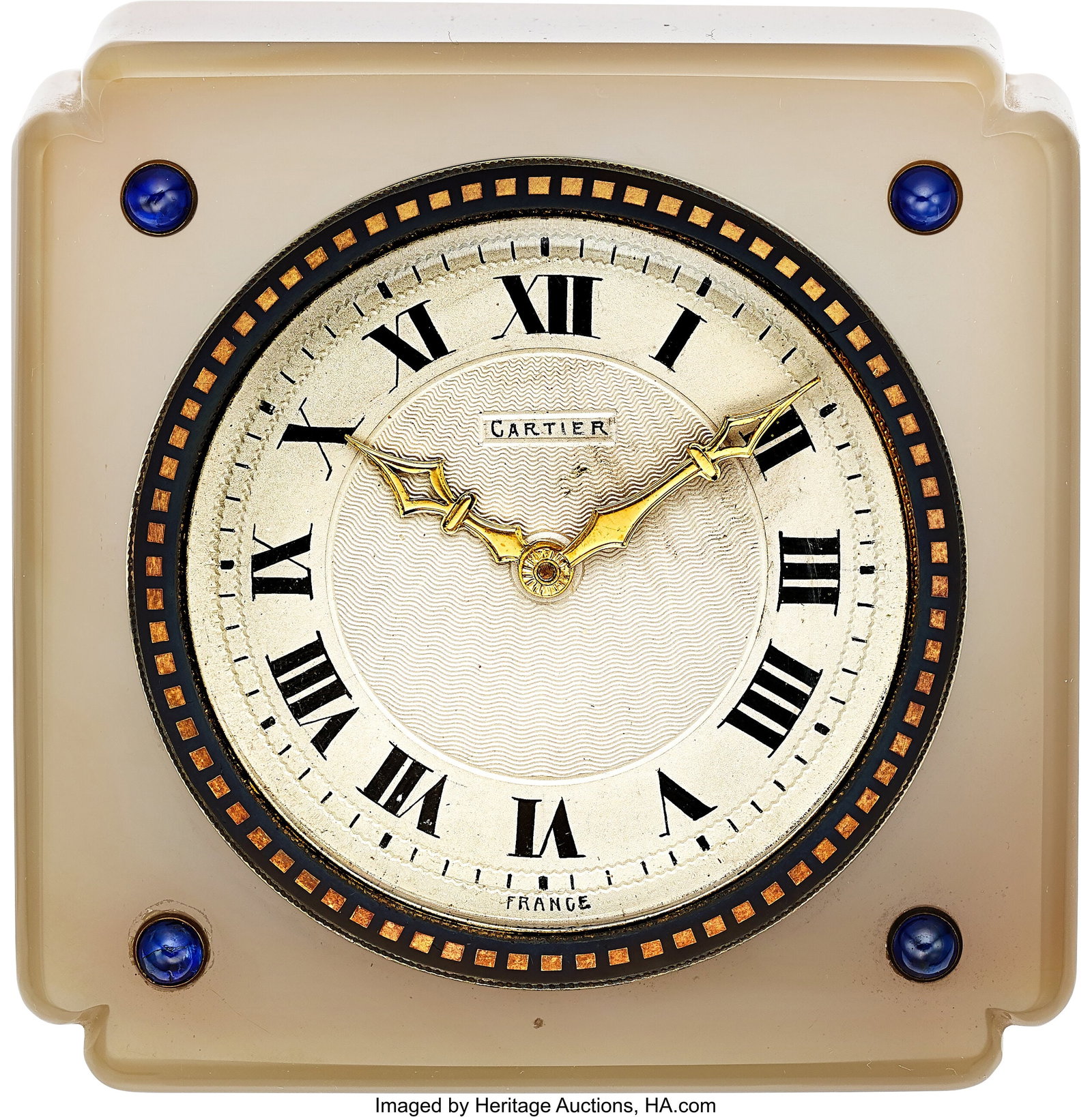 Cartier "Pendulette Bloc" Fine Agate, Gold And E: Cartier "Pendulette Bloc" Fine Agate, Gold And Enamel Art Deco Desk-Clock, circa 1920's Case: 65 x 65 x 27 mm, solid block of banded agate, corners with round sapphires i