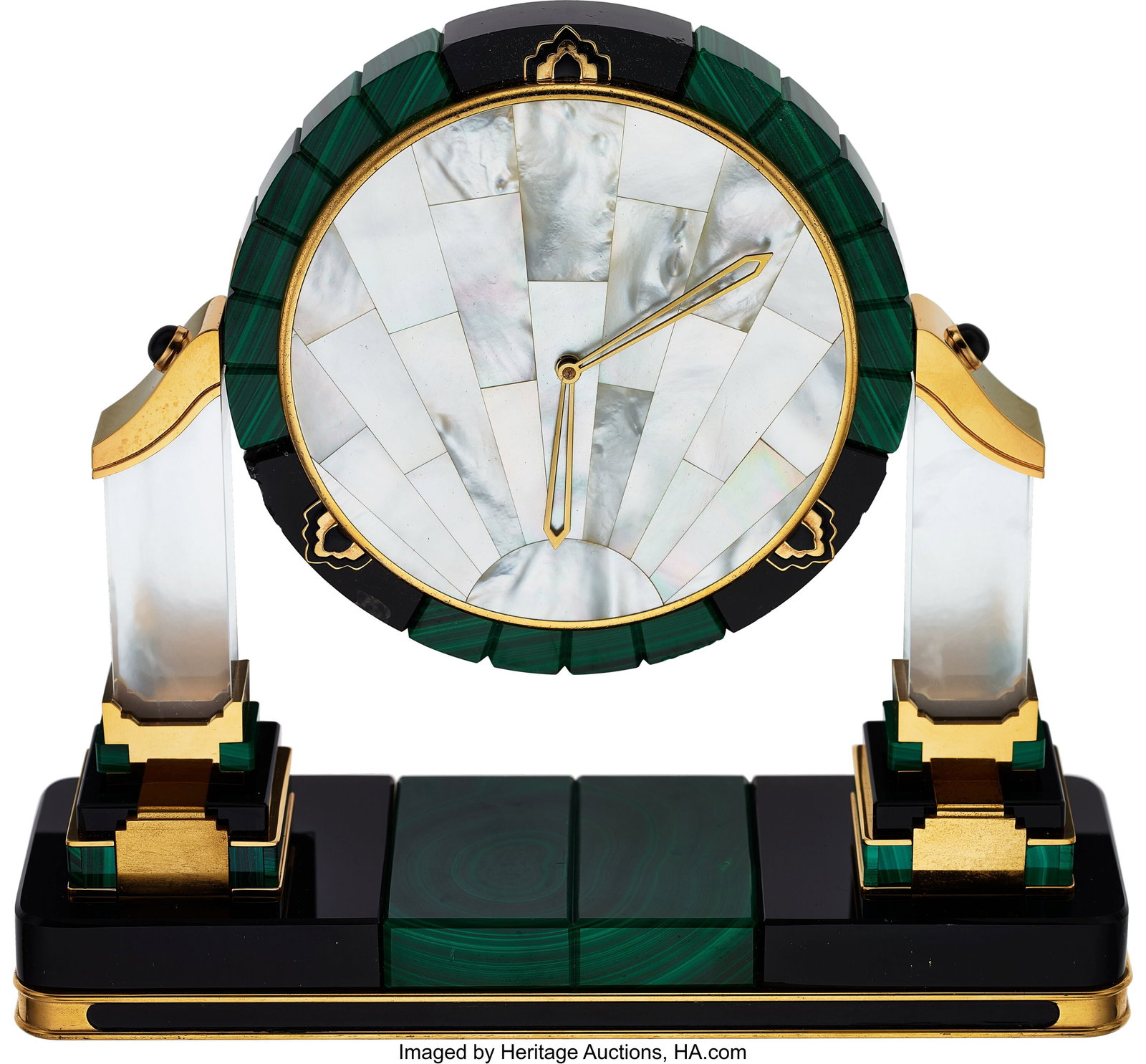 Cartier, Very Fine French Malachite, Mother of P: Cartier, Very Fine French Malachite, Mother of Pearl, Onyx and Rock Crystal Clock, Paris, late 20th Century Case: height is 7 3/4 inches , gilt metal&comm