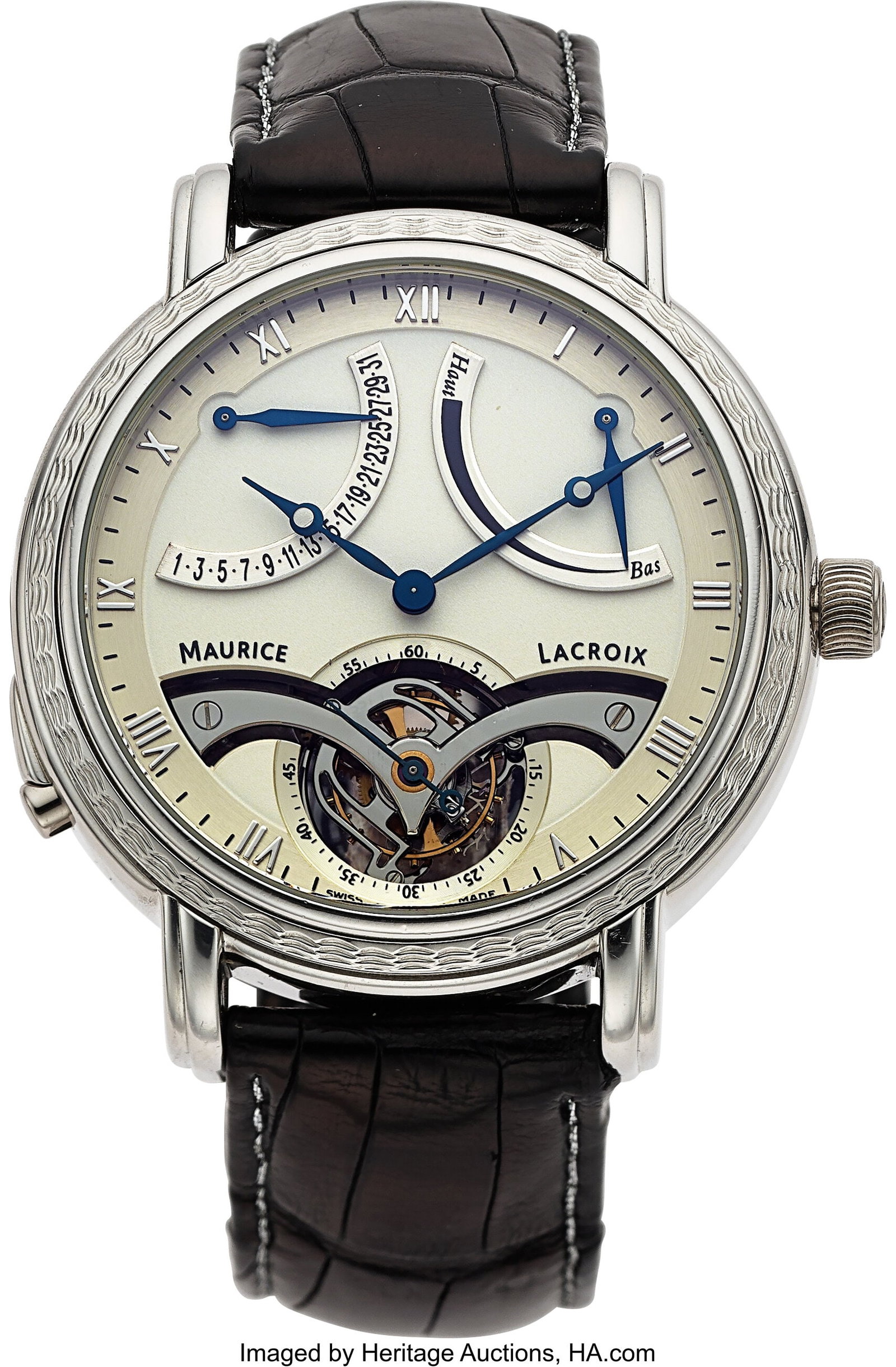 Maurice Lacroix Masterpiece Tourbillon Retrograd: Maurice Lacroix Masterpiece Tourbillon Retrograde Platinum ref. MP7088-PL201-110, Full Set Case: 43mm, platinum, 3 body case with exhibition back, 00/30 Dial&c