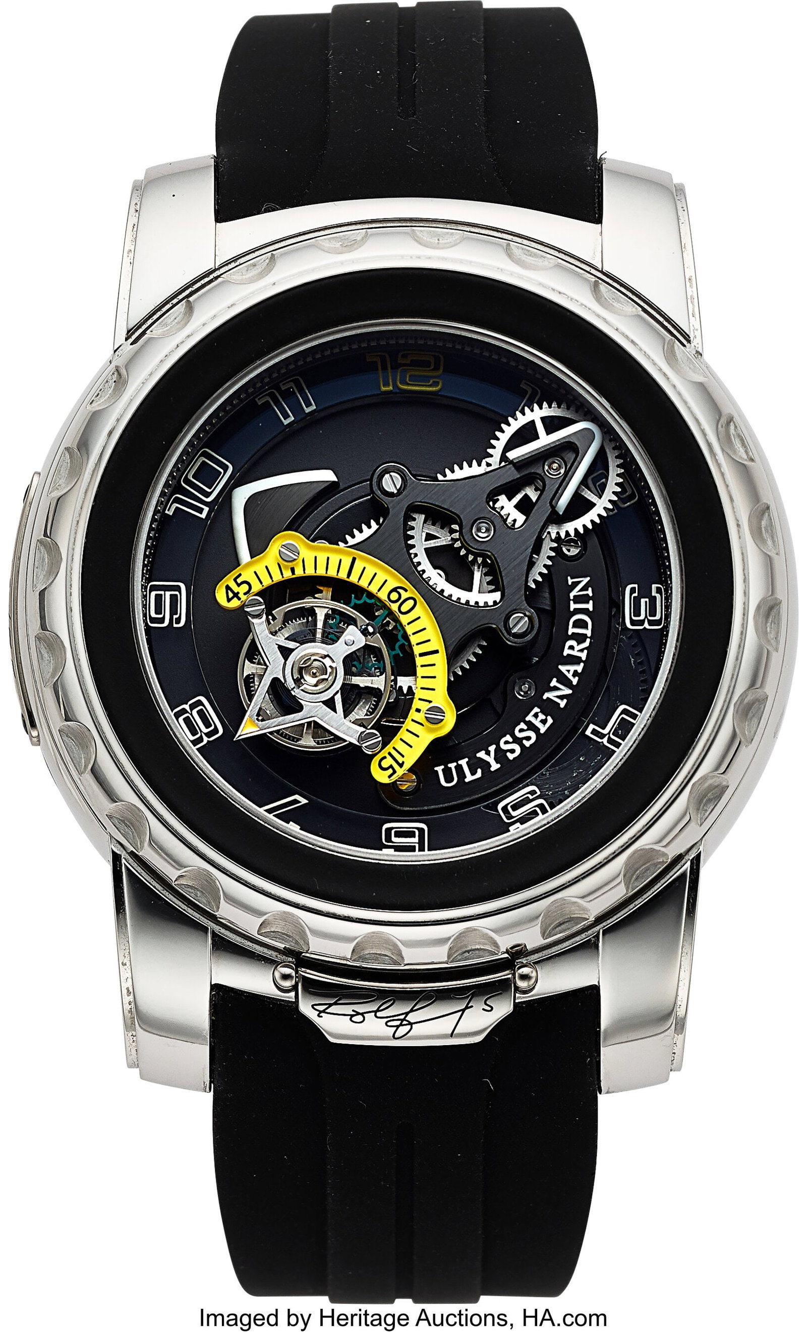 Ulysse Nardin, Platinum Freak Diavolo 75th Anniv: Ulysse Nardin, Platinum Freak Diavolo 75th Anniversary, Limited Edition Ref: 2089-115 No. 14/75 Case: 45 mm, platinum, three body, rotating bezel w