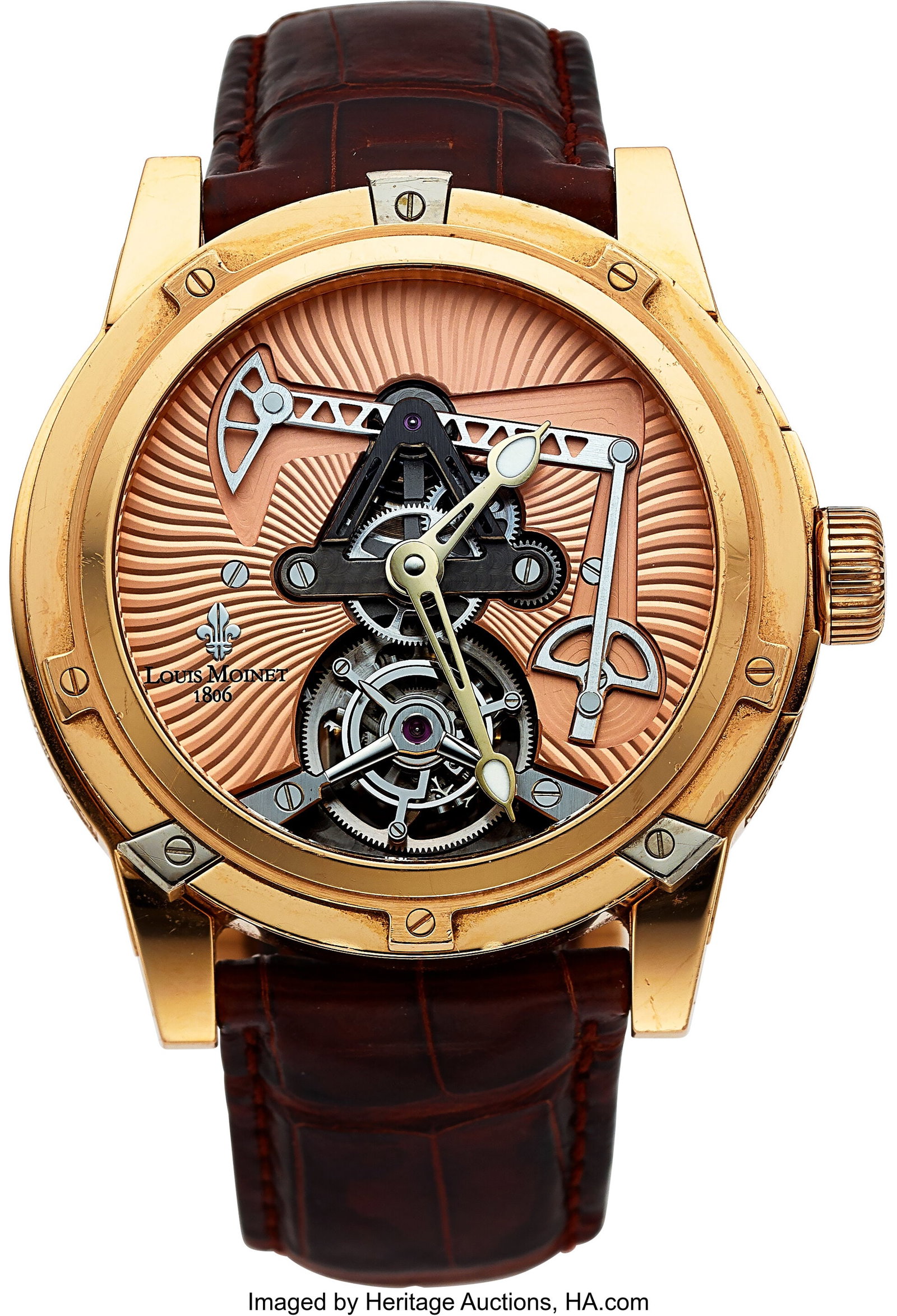 Louis Moinet, Derrick Tourbillon, 18k Red Gold, : Louis Moinet, Derrick Tourbillon, 18k Red Gold, Piece Unique Case: 45 mm, 18k red gold, three body, six screw exhibition case back, eight screw bezel&co