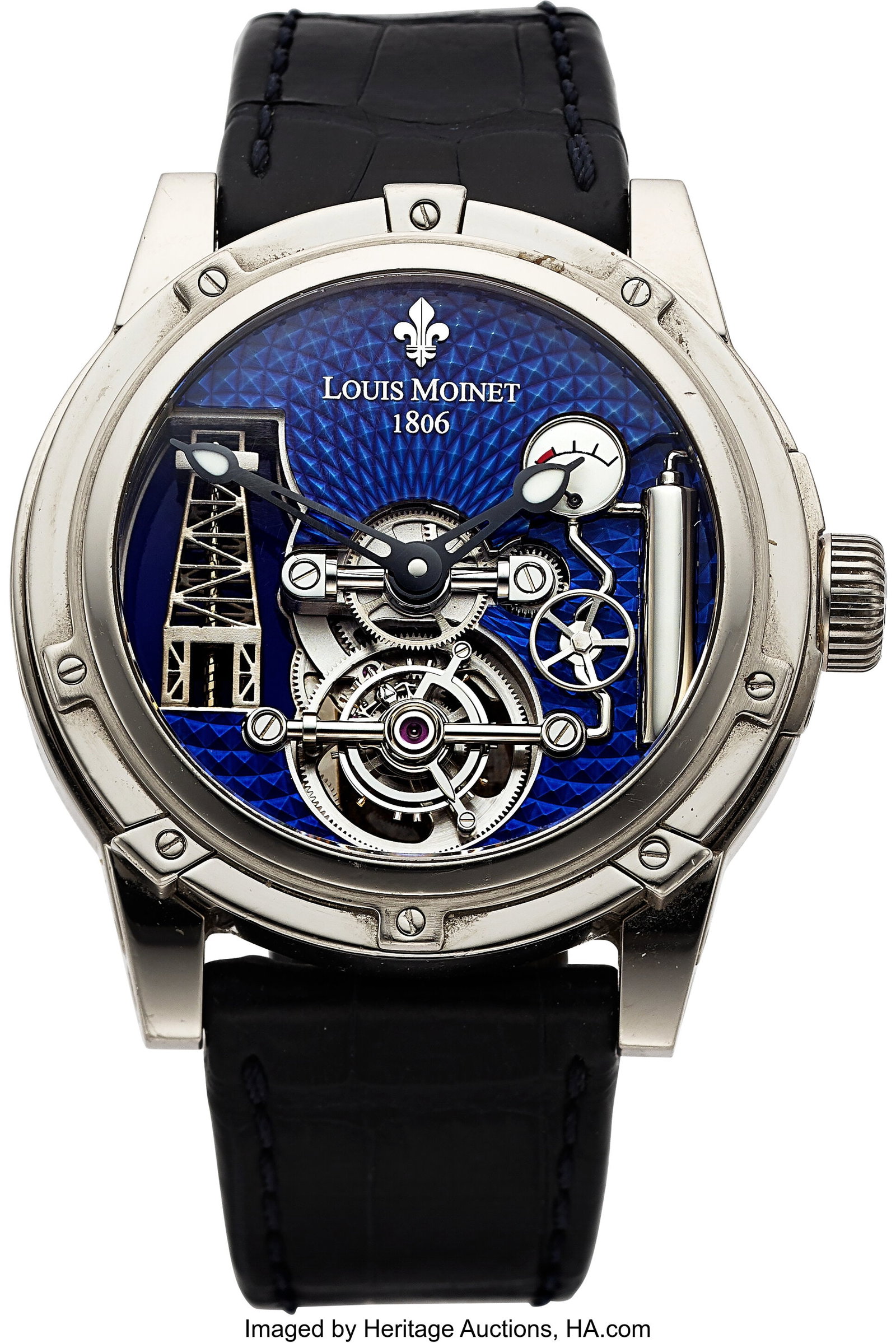 Louis Moinet Derrick Gaz, 18k White Gold, LE 1/2: Louis Moinet Derrick Gaz, 18k White Gold, LE 1/28, Ref. LM-42.70 Case: 46 mm, 18k white gold, three body, six screw exhibition case back&com