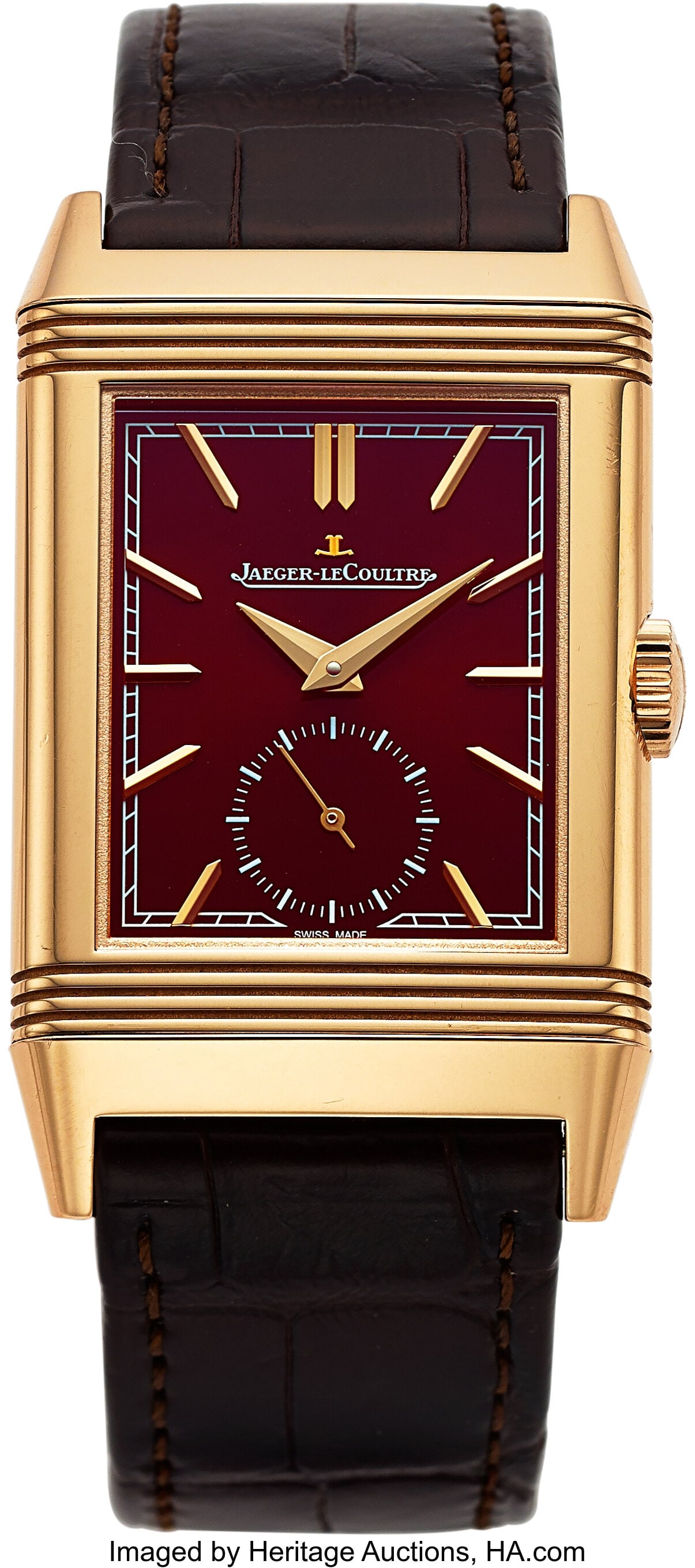 Jaeger LeCoultre Reverso Tribute Monoface Crimso: Jaeger LeCoultre Reverso Tribute Monoface Crimson, 18k Rose Gold, Ref. 218.2.62 Case: 27 mm x 38 mm, 18k rose gold, Reverso body, sunray design