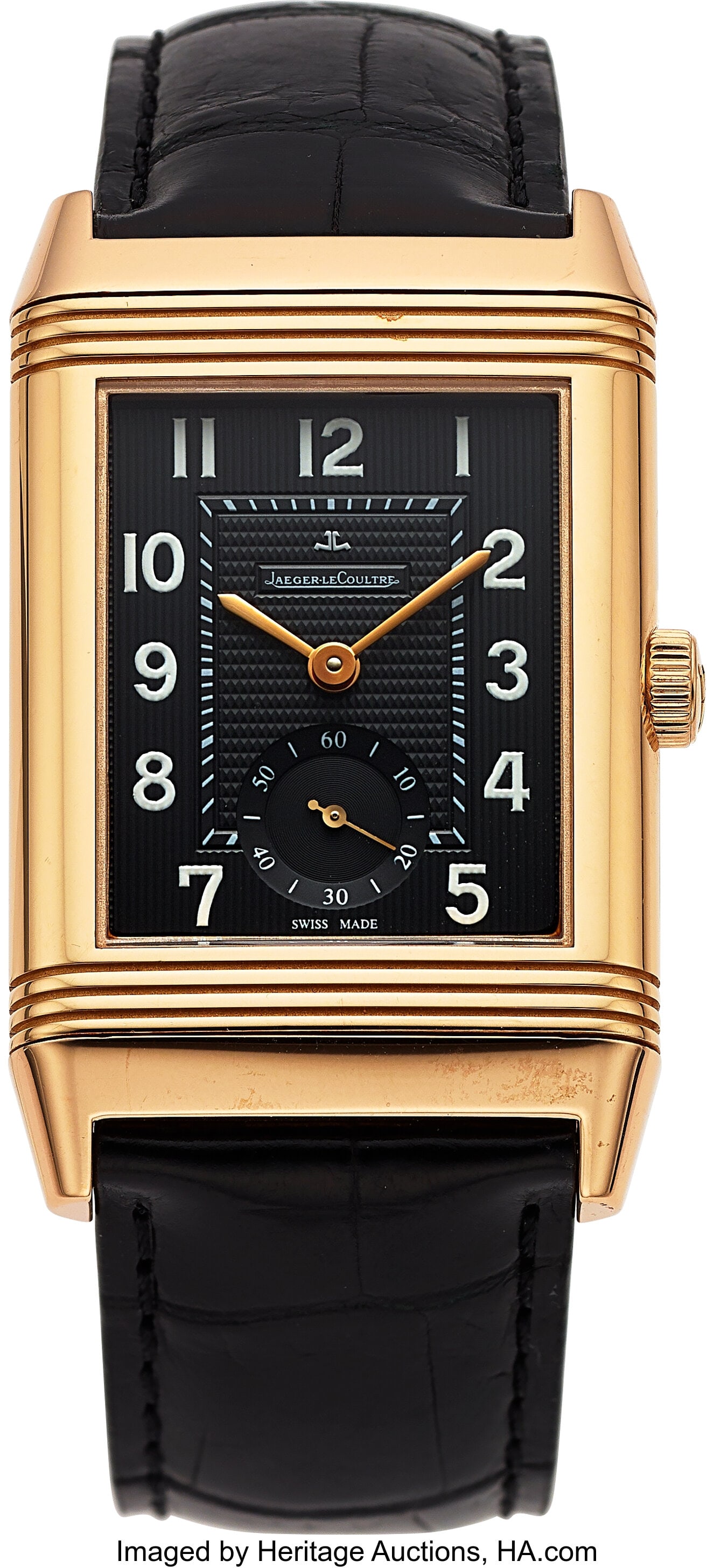 Jaeger LeCoultre Grande Reverso 976, 18k Rose Go: Jaeger LeCoultre Grande Reverso 976, 18k Rose Gold Case: 30 mm x 42 mm, 18k rose gold, Reverso case, exhibition case back, No. 2685158 Dial: black dial