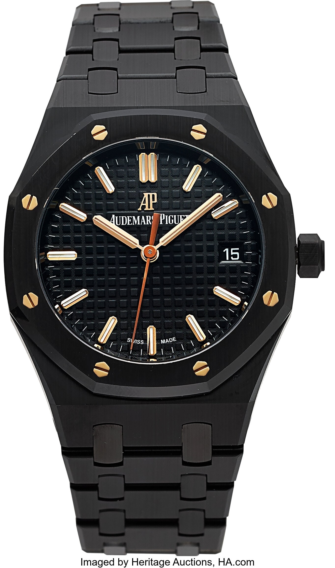 Audemars Piguet, Royal Oak 34 mm Black Ceramic A: Audemars Piguet, Royal Oak 34 mm Black Ceramic Automatic, 77350CE Case: 34 mm, black ceramic, three body, bezel with rose gold hexagonal screws, transparent s