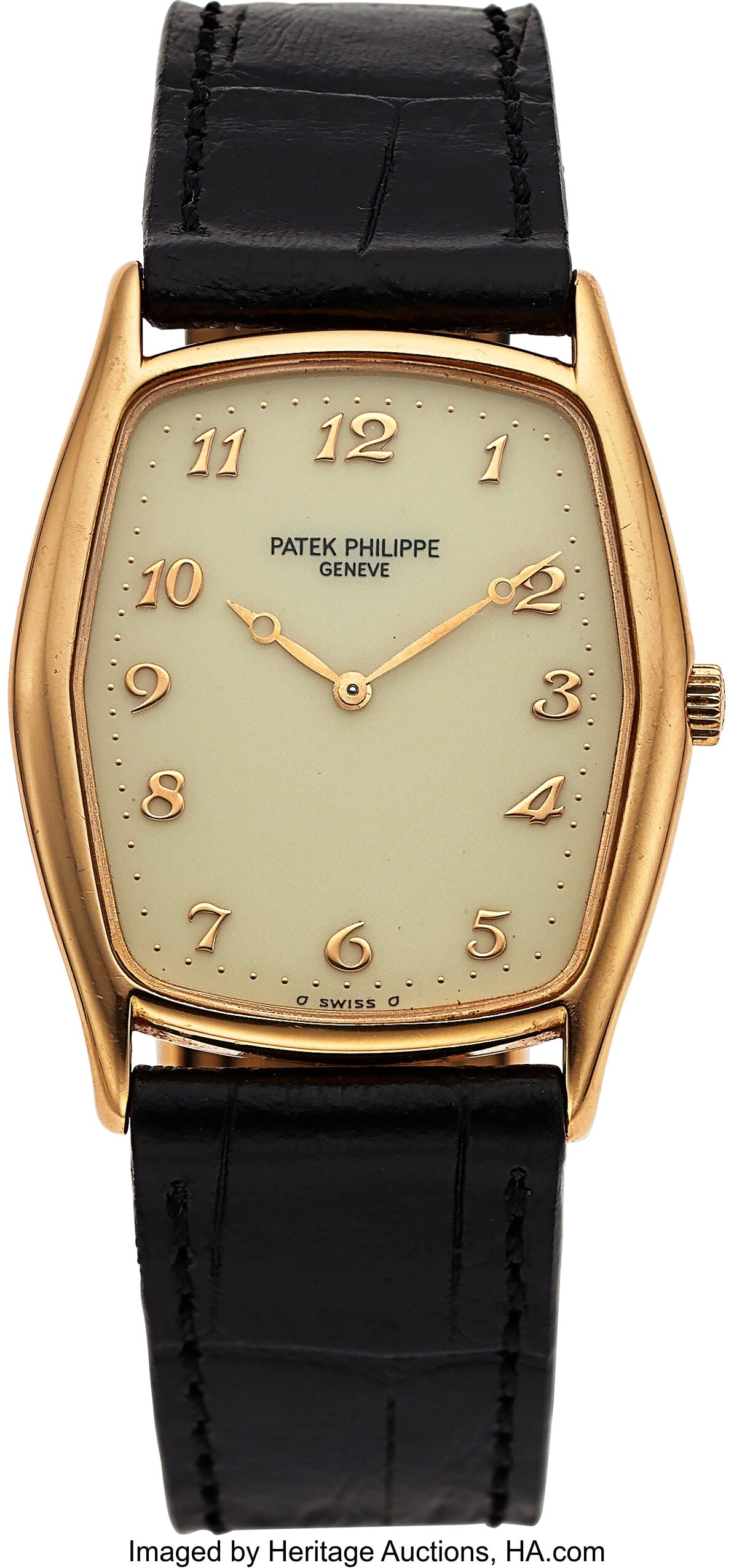Patek Philippe Gondolo, 18k Yellow Gold, Ref. 38: Patek Philippe Gondolo, 18k Yellow Gold, Ref. 3842R Case: 29 mm x 31 mm, 18k rose gold, two body, one screw case back Dial: cream dial, rose