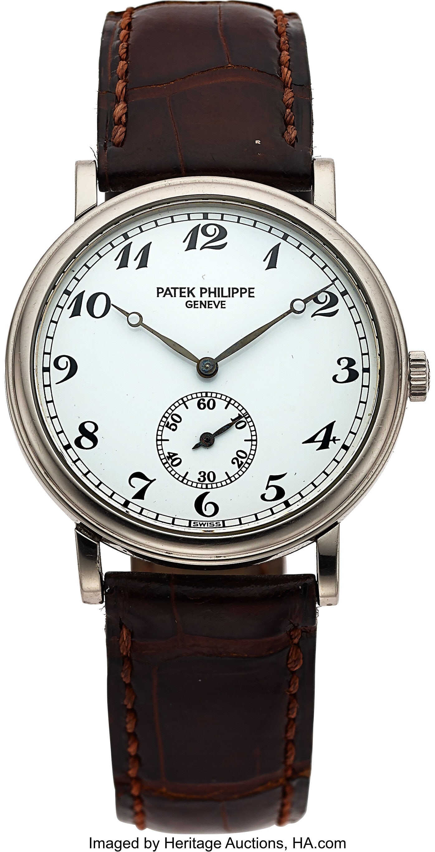 Patek Philippe Calatrava, 18k White Gold, Ref. 5: Patek Philippe Calatrava, 18k White Gold, Ref. 5022 Case: 33 mm, 18k white gold, two body, snap on case back, fixed stepped bezel Dial: white