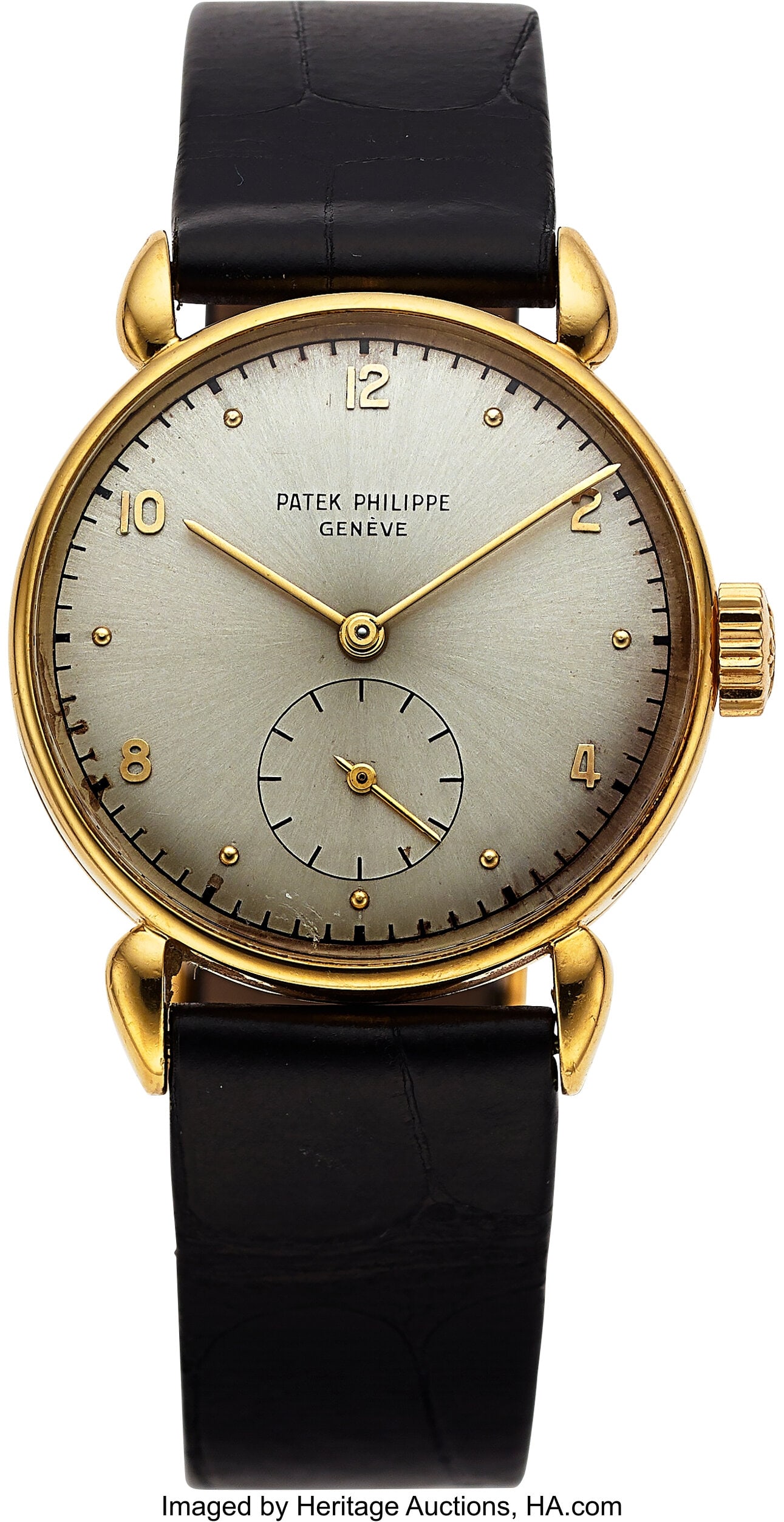 Patek Philippe Calatrava, 18k Yellow Gold, Ref. : Patek Philippe Calatrava, 18k Yellow Gold, Ref. 590 Case: 30 mm, 18k yellow gold, two body, snap-on case back Dial: silvered sunburst dial, gold 