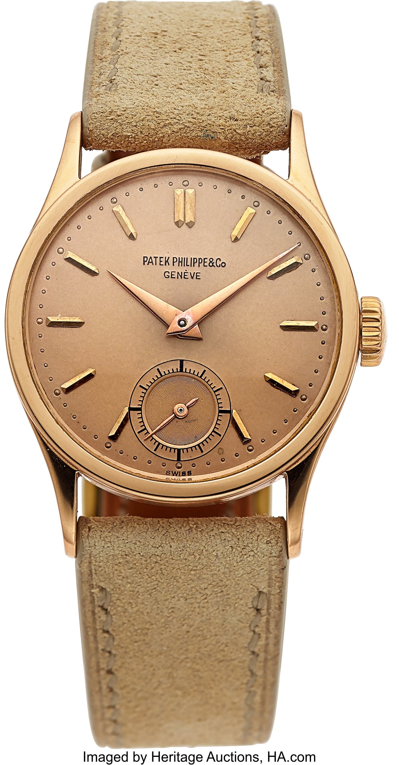 Patek Philippe Calatrava, 18k Pink Gold, Ref. 96: Patek Philippe Calatrava, 18k Pink Gold, Ref. 96 Case: 30 mm, 18k pink gold, three body, snap-on case back, No. 300366 Dial: pink gold dia