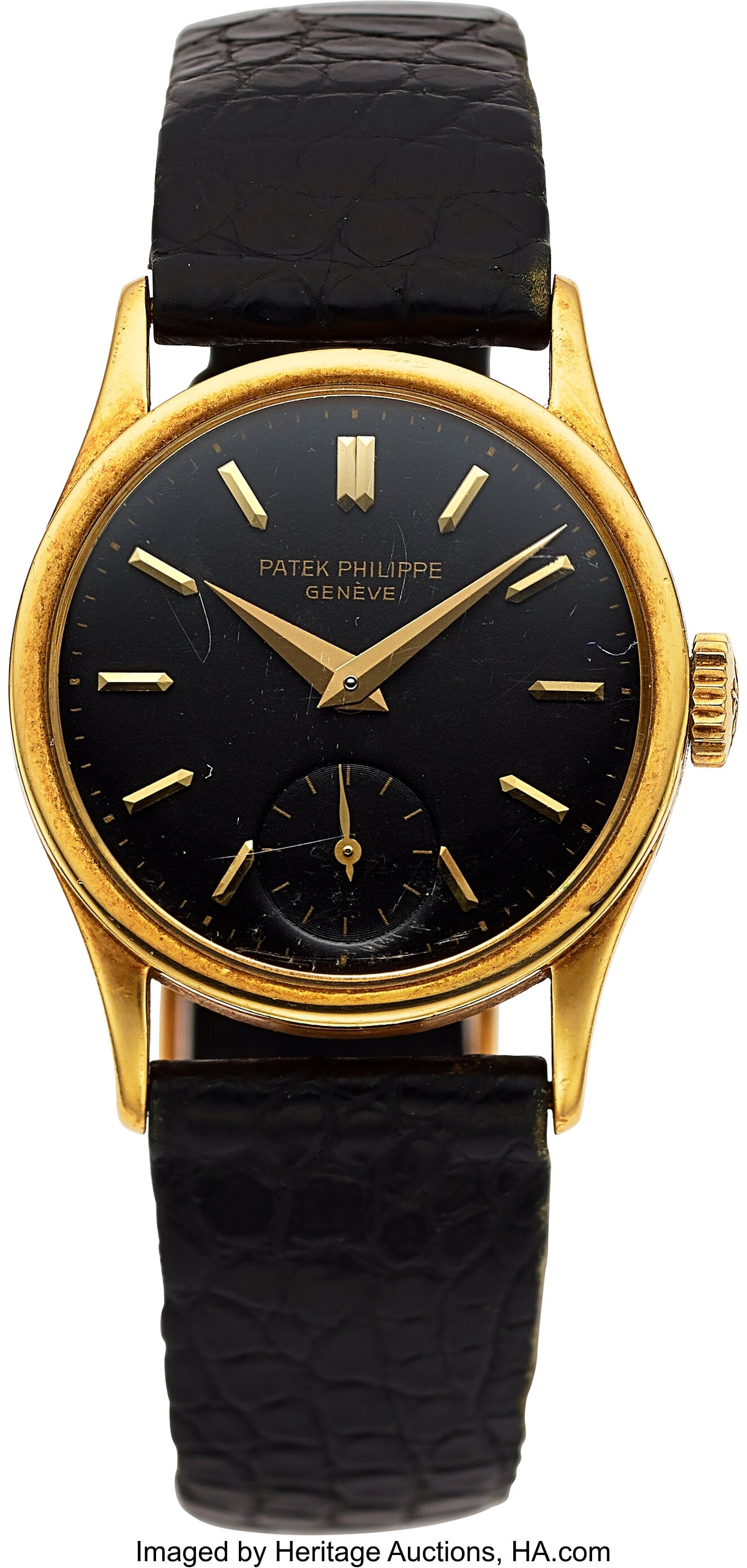 Patek Philippe Calatrava, 18k Yellow Gold, Black: Patek Philippe Calatrava, 18k Yellow Gold, Black Dial, Ref. 96 Case: 30 mm, 18k yellow gold, three body, snap-on case back, No. 295'737 Di