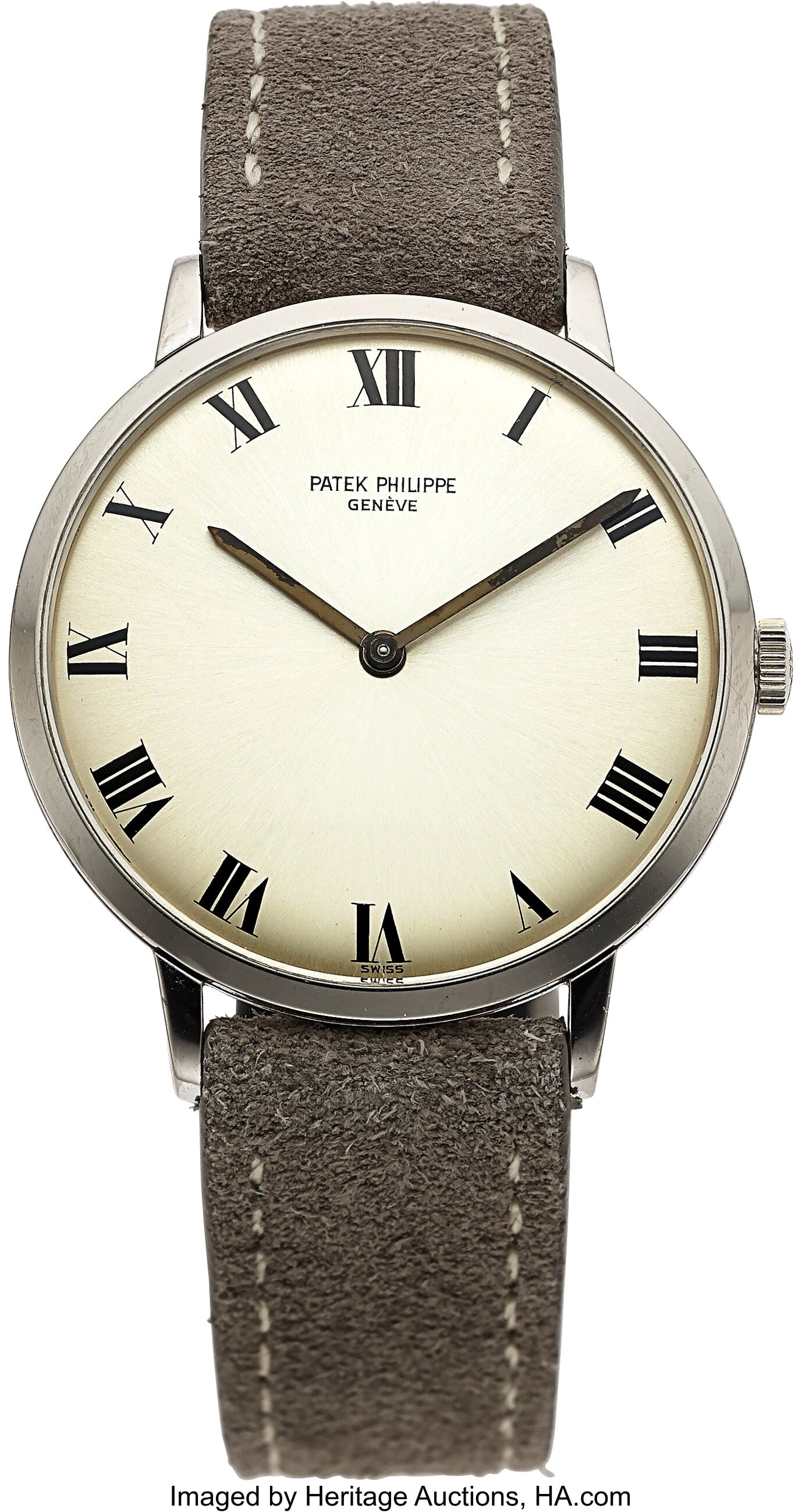 Patek Philippe Calatrava, 18k White Gold, Ref. 3: Patek Philippe Calatrava, 18k White Gold, Ref. 3468G Case: 33 mm, 18k white gold, two body, snap on case Dial: silvered sunburst dial, black Roma