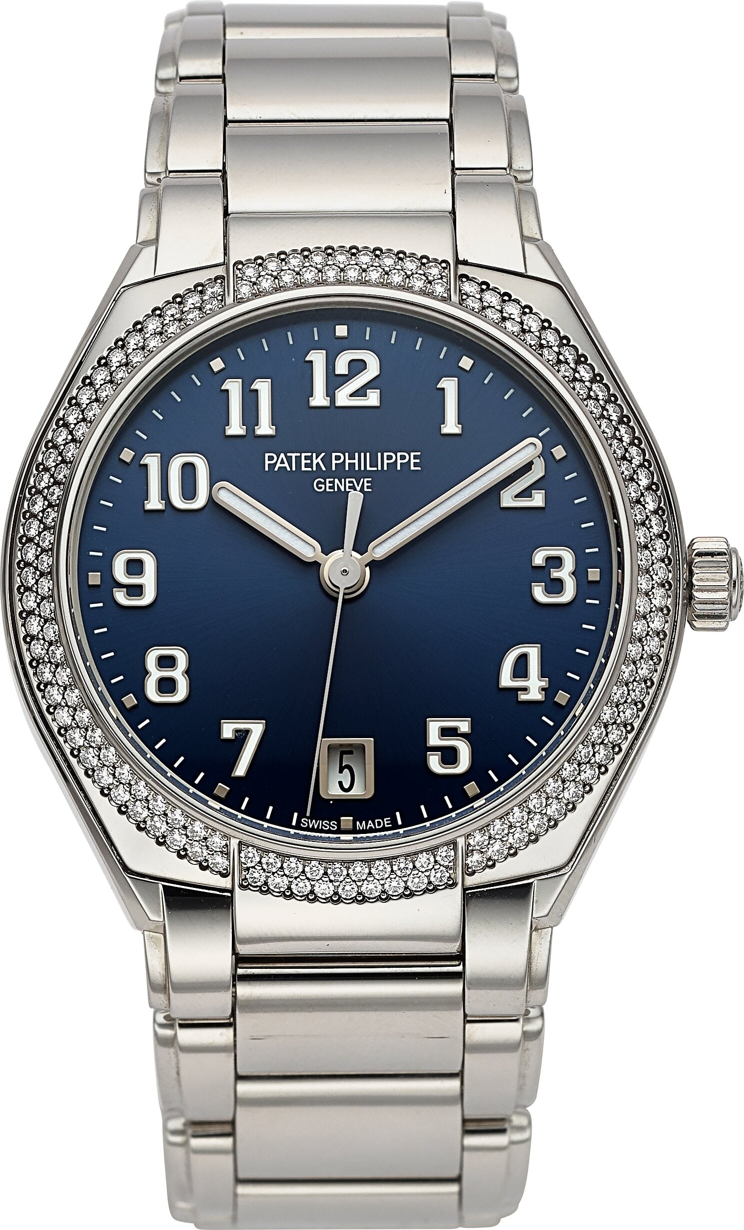 Patek Philippe Twenty 4, Diamond Set Bezel, Ref.: Patek Philippe Twenty 4, Diamond Set Bezel, Ref. 7300/1200A-001 Case: 36 mm, stainless steel, three body, exhibition case back, fixed 160 diamond s