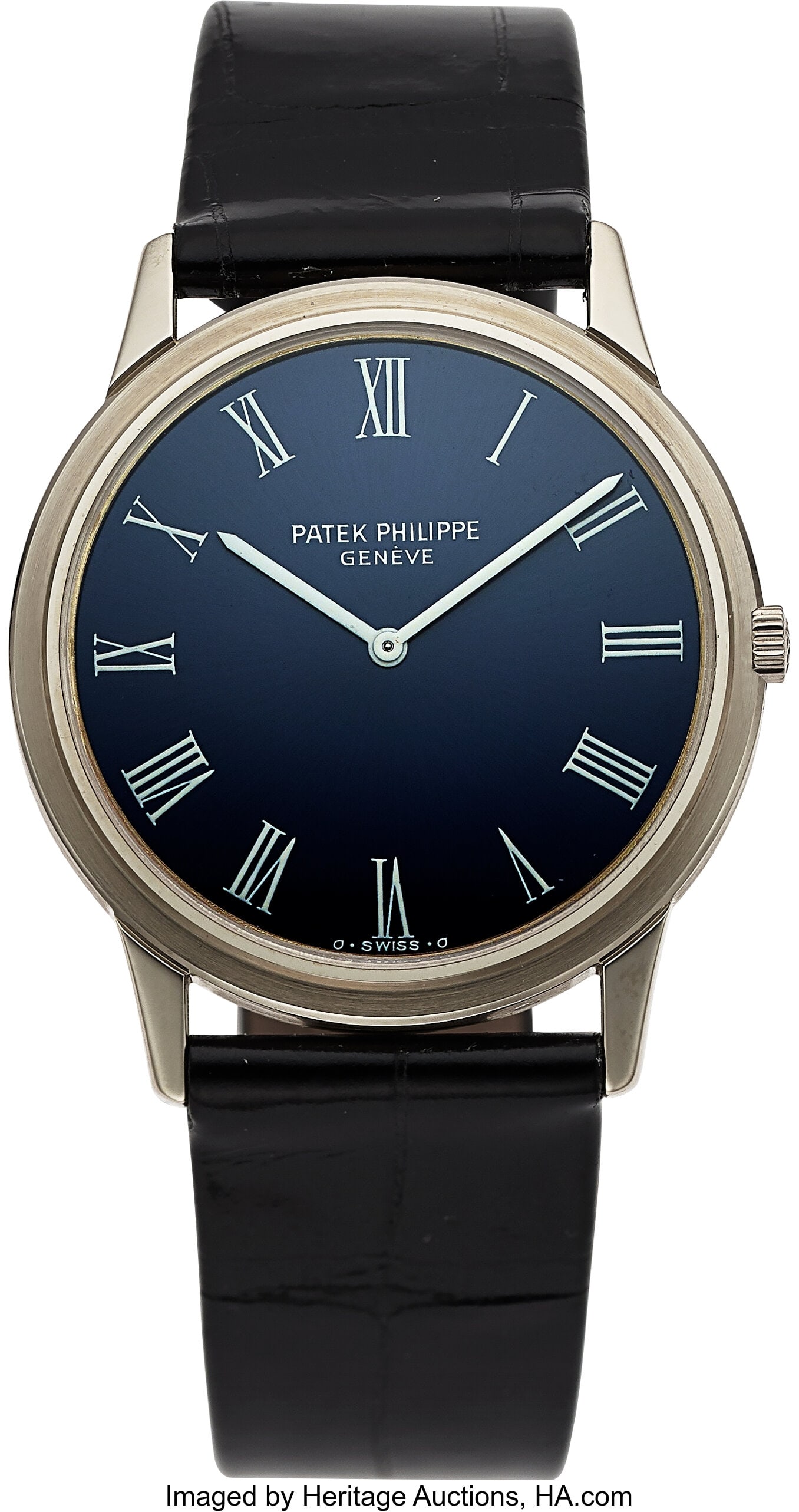 Patek Philippe Calatrava, 18k White Gold, Ref. 3: Patek Philippe Calatrava, 18k White Gold, Ref. 3591 Case: 33 mm, 18k white gold, three body, snap-on case back, No. 522364 Dial: blue