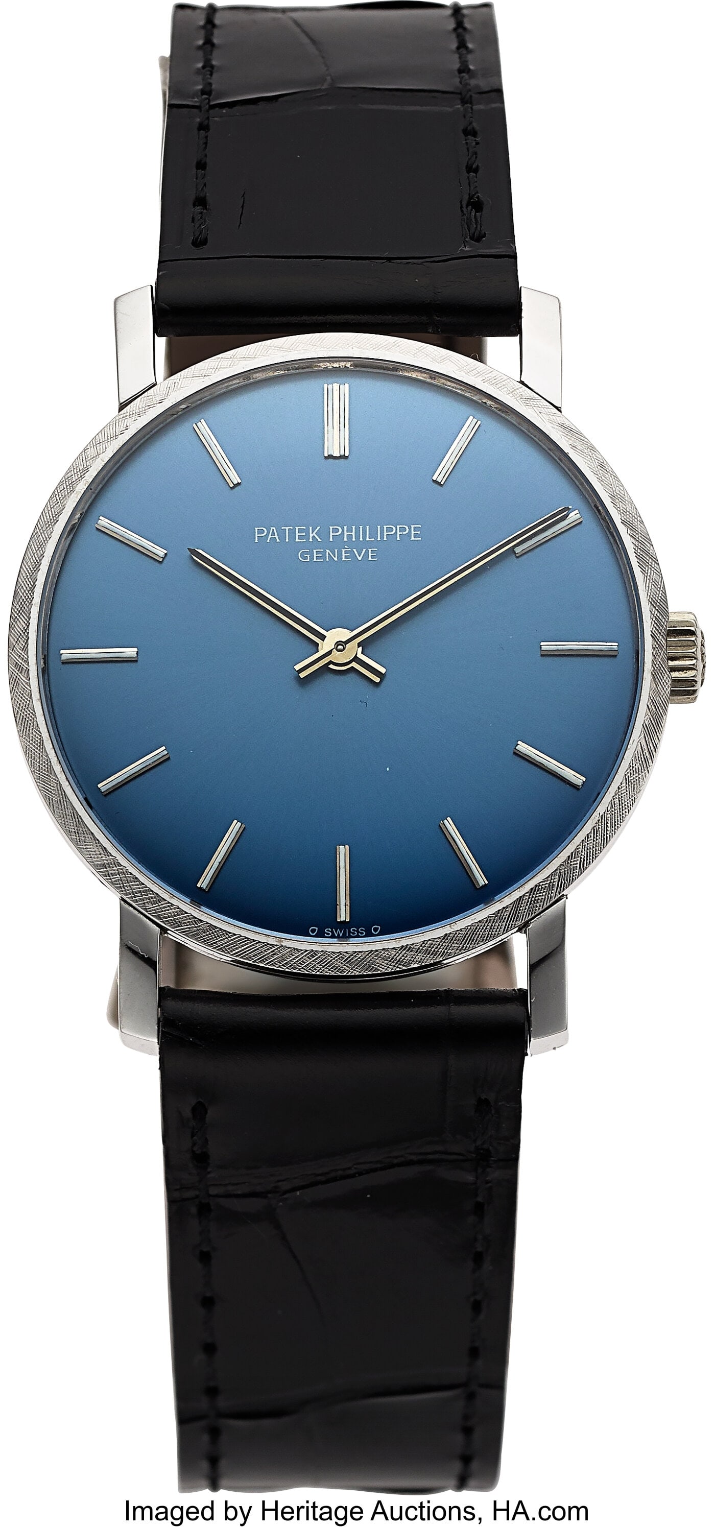 Patek Philippe Calatrava, 18k White Gold, Ref. 3: Patek Philippe Calatrava, 18k White Gold, Ref. 3468 Case: 33 mm, 18k white gold, two body, snap-on case back Dial: blue dial, steel bar hour