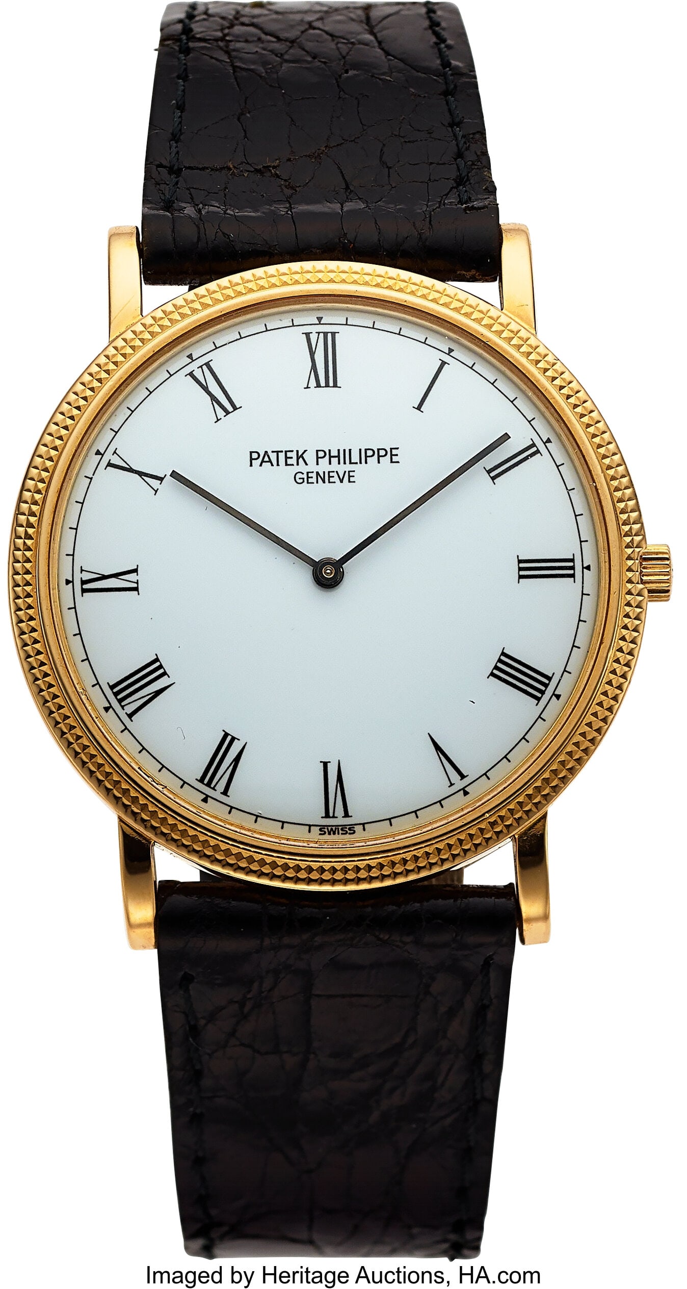 Patek Philippe Calatrava, 18k Yellow Gold, White: Patek Philippe Calatrava, 18k Yellow Gold, White Dial, Ref. 3520 Case: 32 mm, 18k yellow gold, two body, screw-down case back, fixed hobnail beze