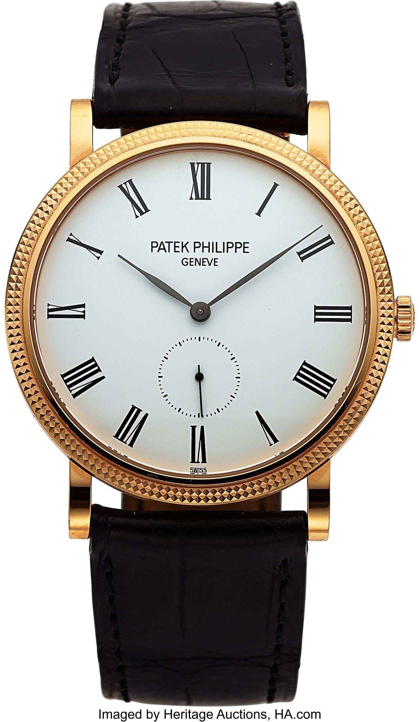 Patek Philippe, Fine Ref. 5119R Gold Calatrava, : Patek Philippe, Fine Ref. 5119R Gold Calatrava, circa 2010 Case: 36 mm, 18k rose gold, two body, Clous de Paris hobnail bezel, transparent case back&co
