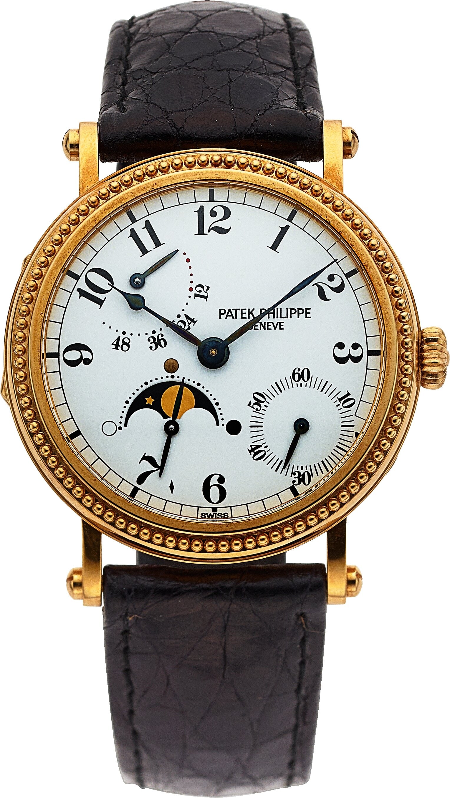 Patek Philippe Calatrava Complications, 18k Yell: Patek Philippe Calatrava Complications, 18k Yellow Gold, Full Set, Ref. 5015 Case: 35 mm, 18k yellow gold, three body, hinged case back with exhibition