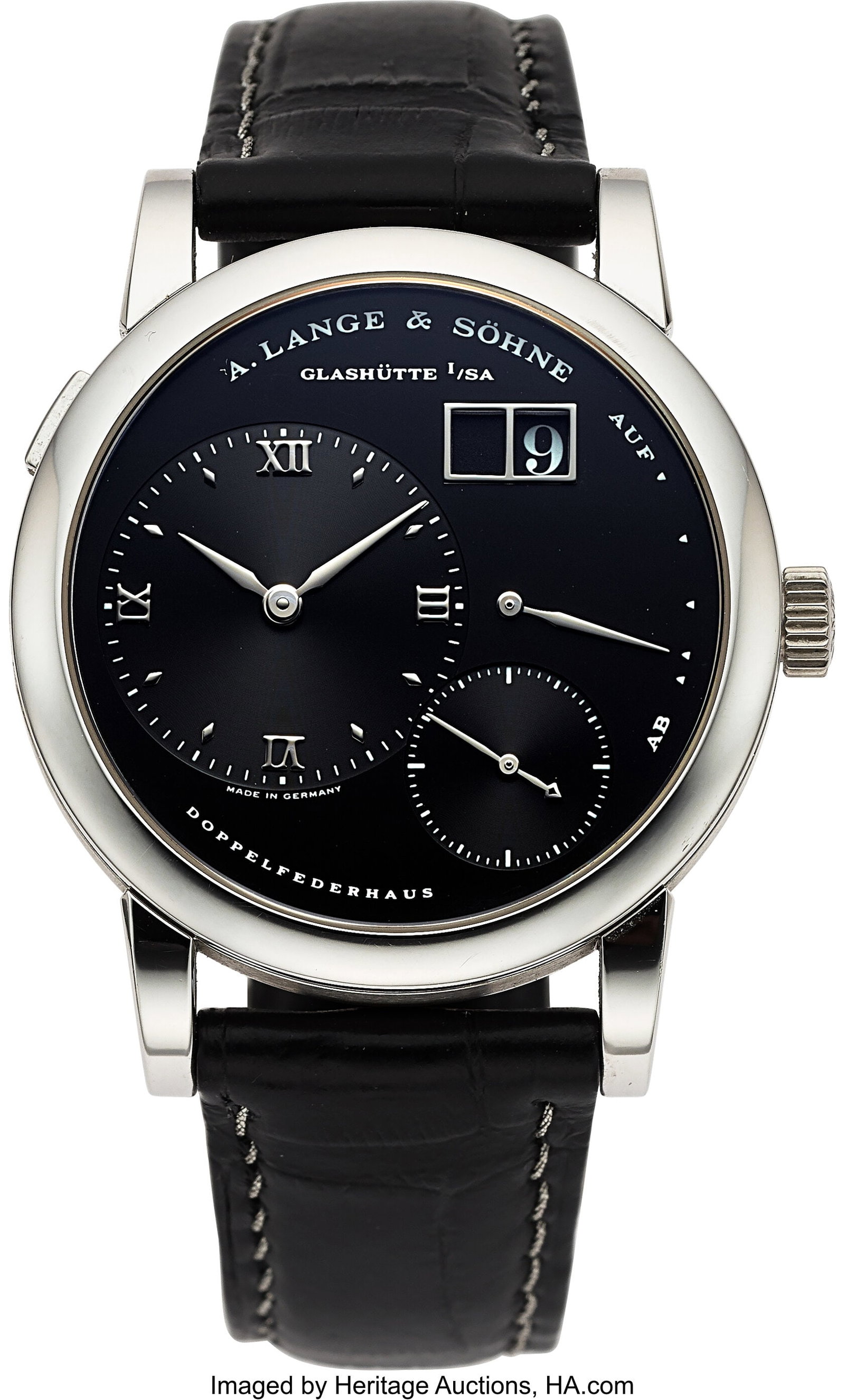 A. Lange & Söhne Very Fine Lange 1 "Darth" Plat: A. Lange & Söhne Very Fine Lange 1 "Darth" Platinum Ref. 101.035 With Papers Case: 38.5 mm, platinum, three body, transparent case back sec
