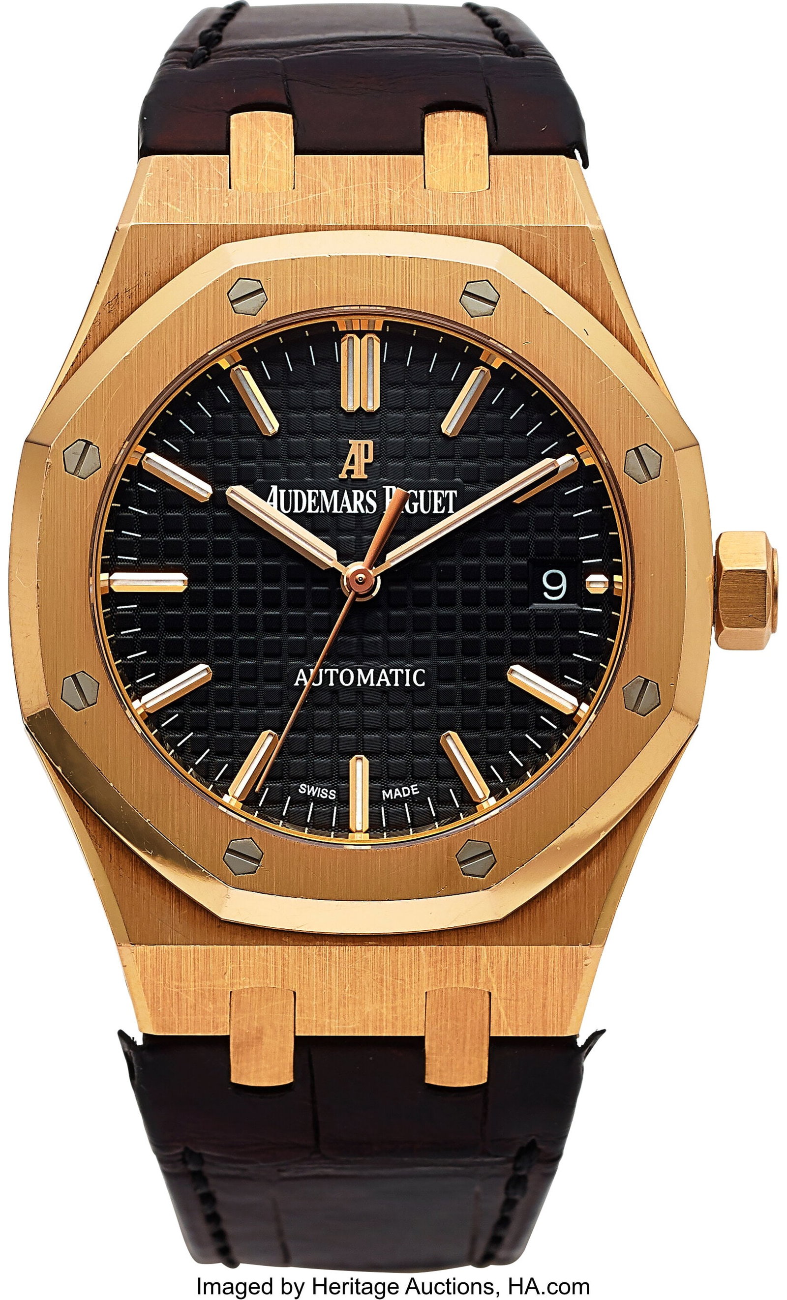 Audemars Piguet Royal Oak, 18k Rose Gold Ref. 15: Audemars Piguet Royal Oak, 18k Rose Gold Ref. 15450OR.OO Full Set, circa 2015 Case: 37 mm, 18k rose gold, three body, transparent case back, pol