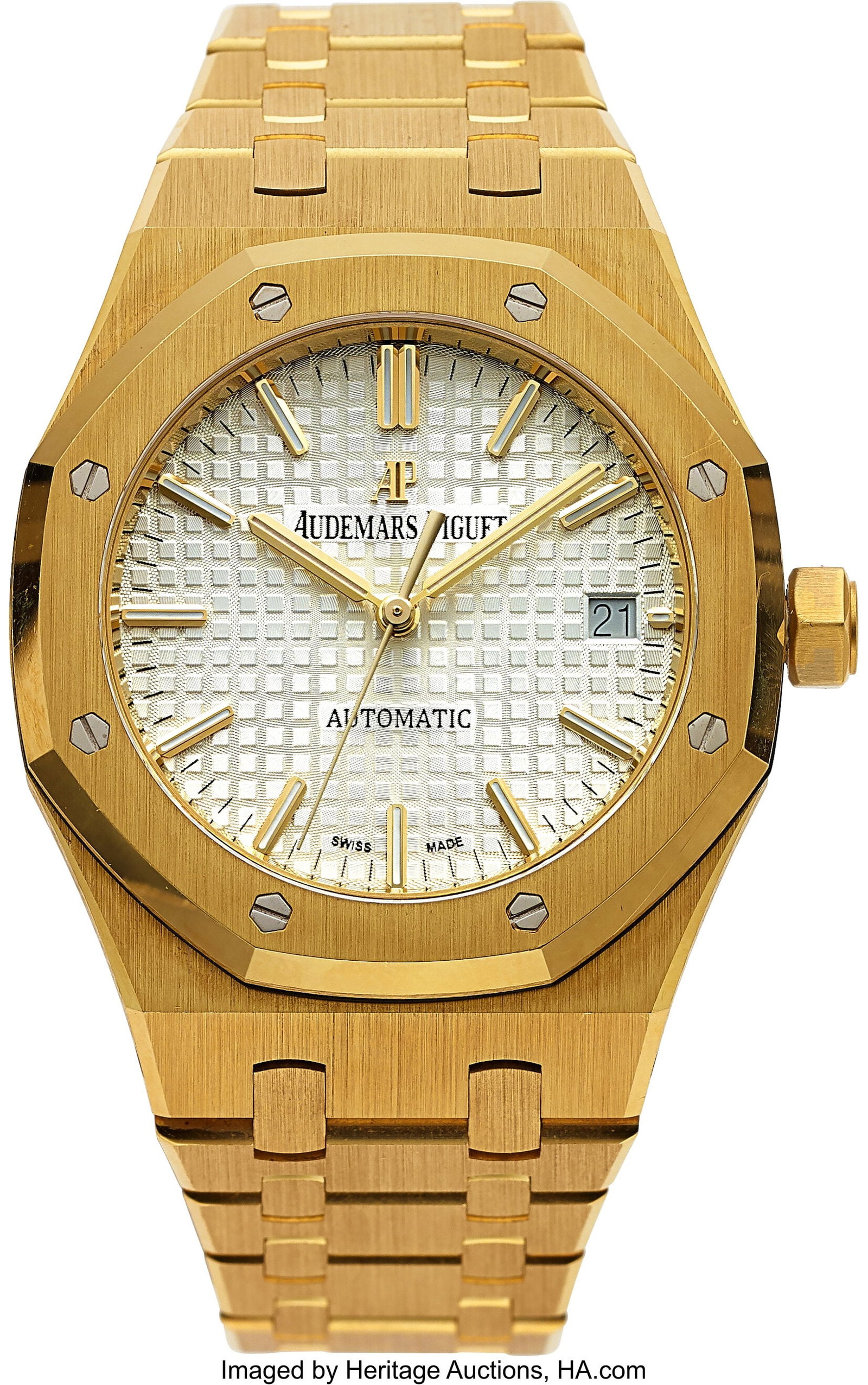 Audemars Piguet Yellow Gold Royal Oak, Ref. 1545: Audemars Piguet Yellow Gold Royal Oak, Ref. 15450BA, circa 2018 Case: 37 mm, 18k yellow gold, three body, polished and brushed, transparent case back&c