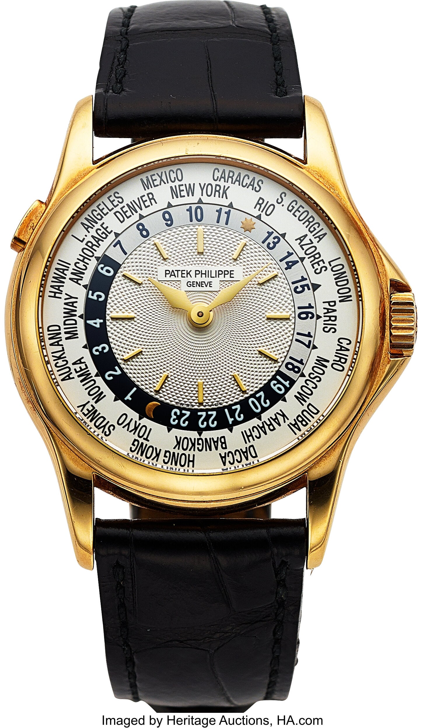 Patek Philippe, Ref. 5110J-001, 18k Gold World T: Patek Philippe, Ref. 5110J-001, 18k Gold World Time, circa 2003 Case: 37 mm, 18k yellow gold, two body, transparent exhibition screw back, protec
