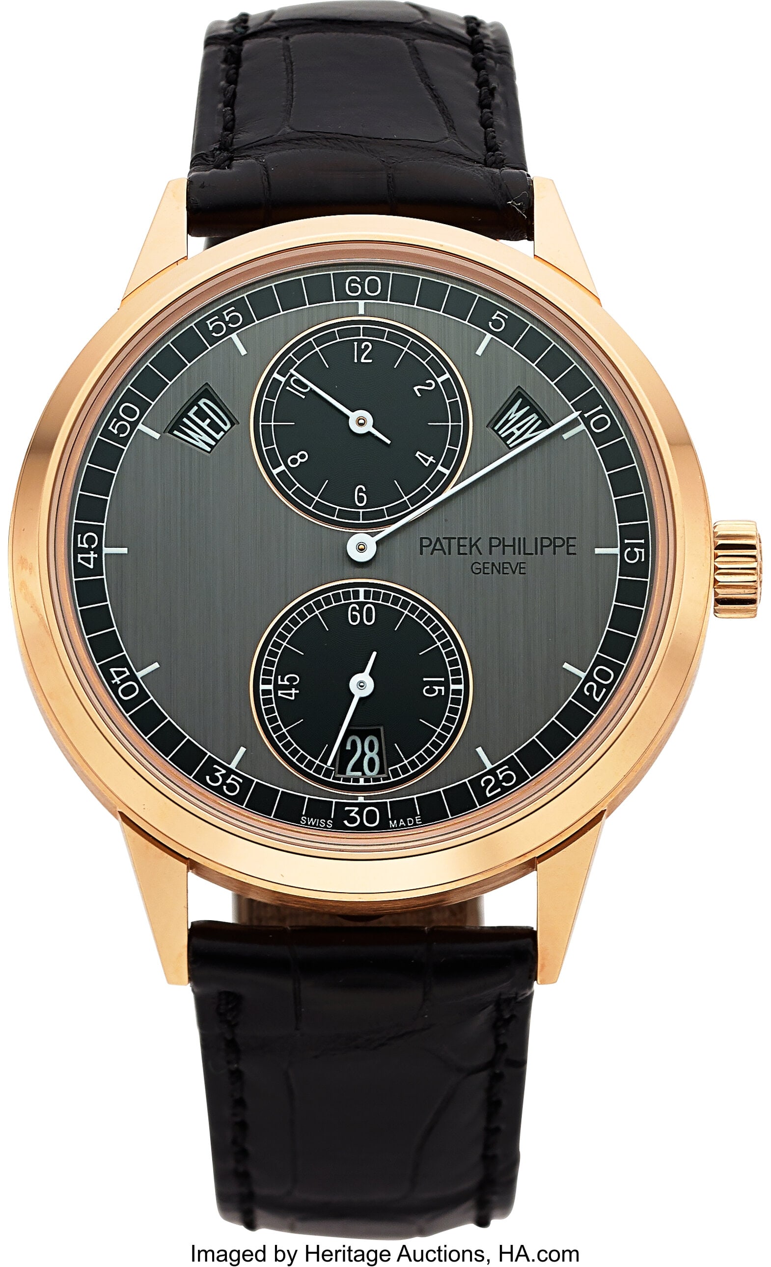 Patek Philippe Annual Calendar, 18k Rose Gold, R: Patek Philippe Annual Calendar, 18k Rose Gold, Ref. 5235R Case: 40 mm, 18k rose gold, three body, snap-on exhibition case back Dial: two tone graphite 