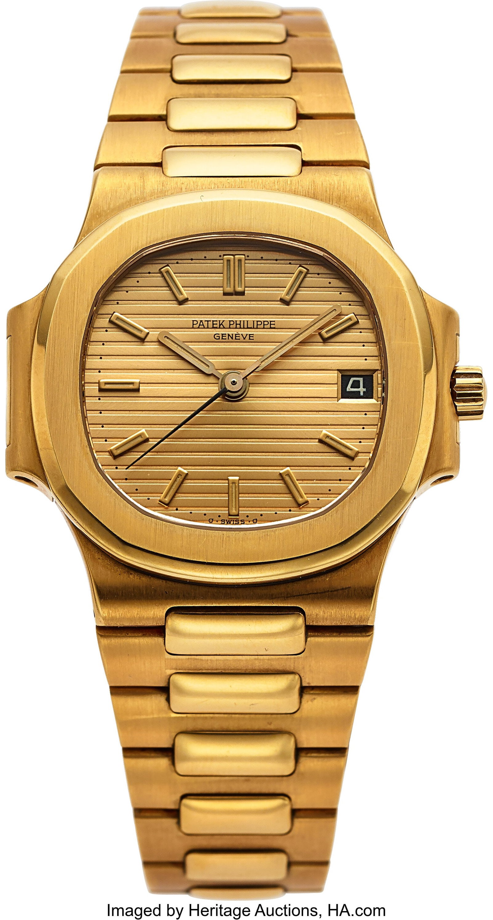 Patek Philippe, Rare Ref. 3800/1 Early Gold Naut: Patek Philippe, Rare Ref. 3800/1 Early Gold Nautilus Automatic Wristwatch, circa 1984 Case: 37.5 mm, 18k yellow gold, two body, solid case back&co