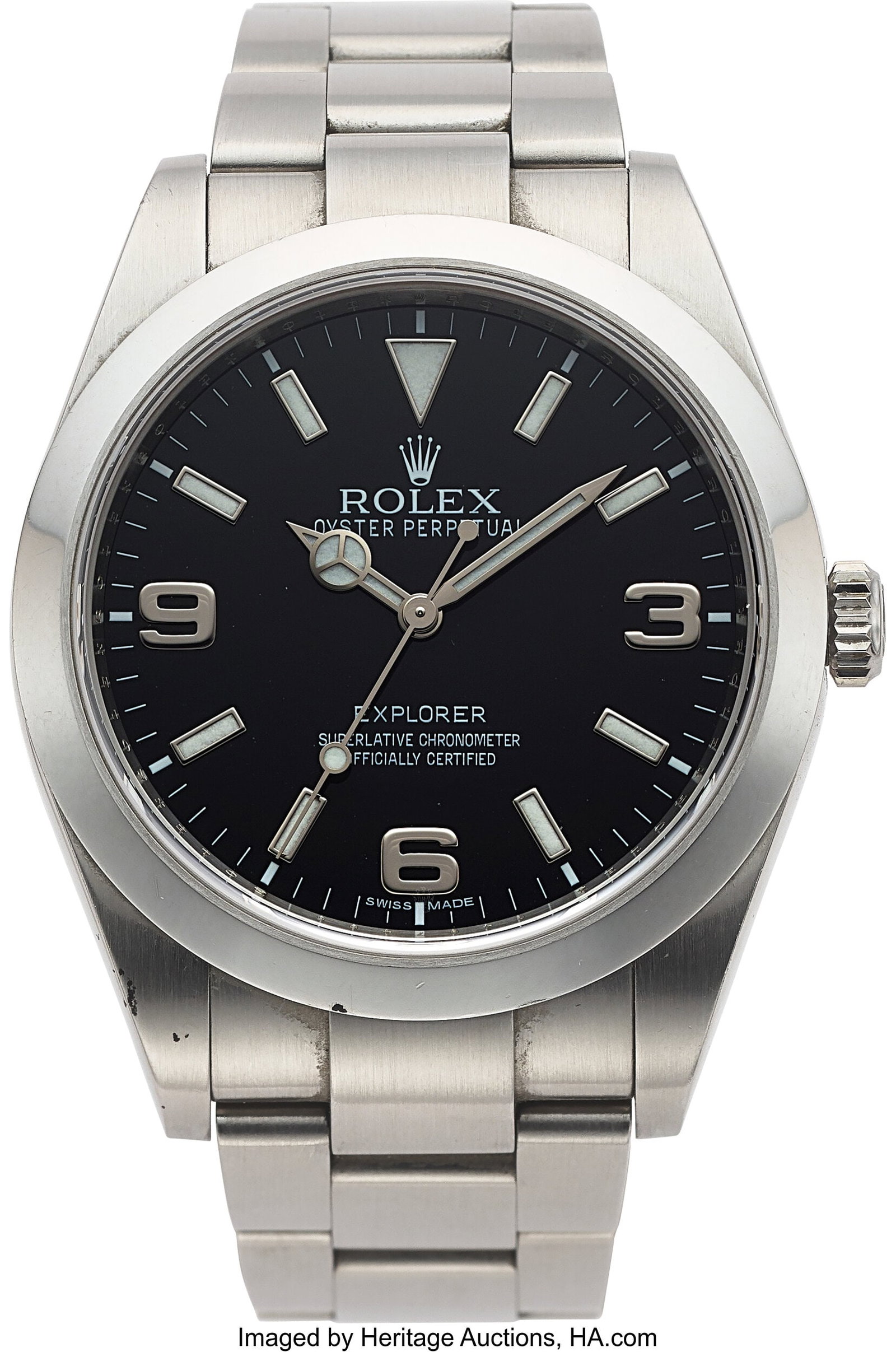 Rolex Oyster Perpetual Explorer, 38 mm, Ref. 214: Rolex Oyster Perpetual Explorer, 38 mm, Ref. 214270 Case: 38 mm, stainless steel, three body, screw-down case back, fixed domed bezel, No.