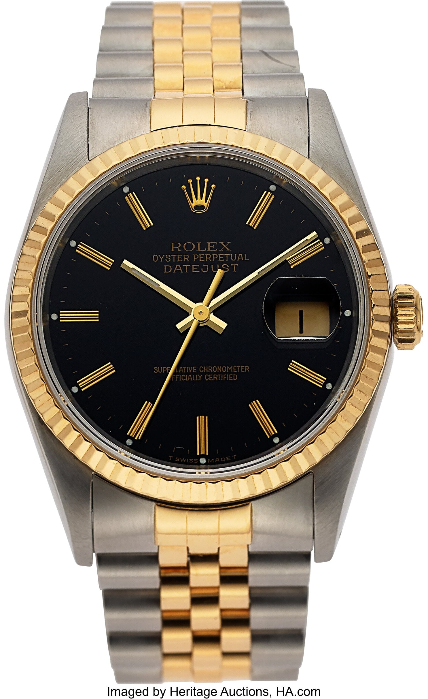 Rolex Oyster Perpetual Datejust, Two Tone, Black: Rolex Oyster Perpetual Datejust, Two Tone, Black Dial, Ref. 16013 Case: 36 mm, stainless steel and 18k yellow gold, three body, screw-down case back&co