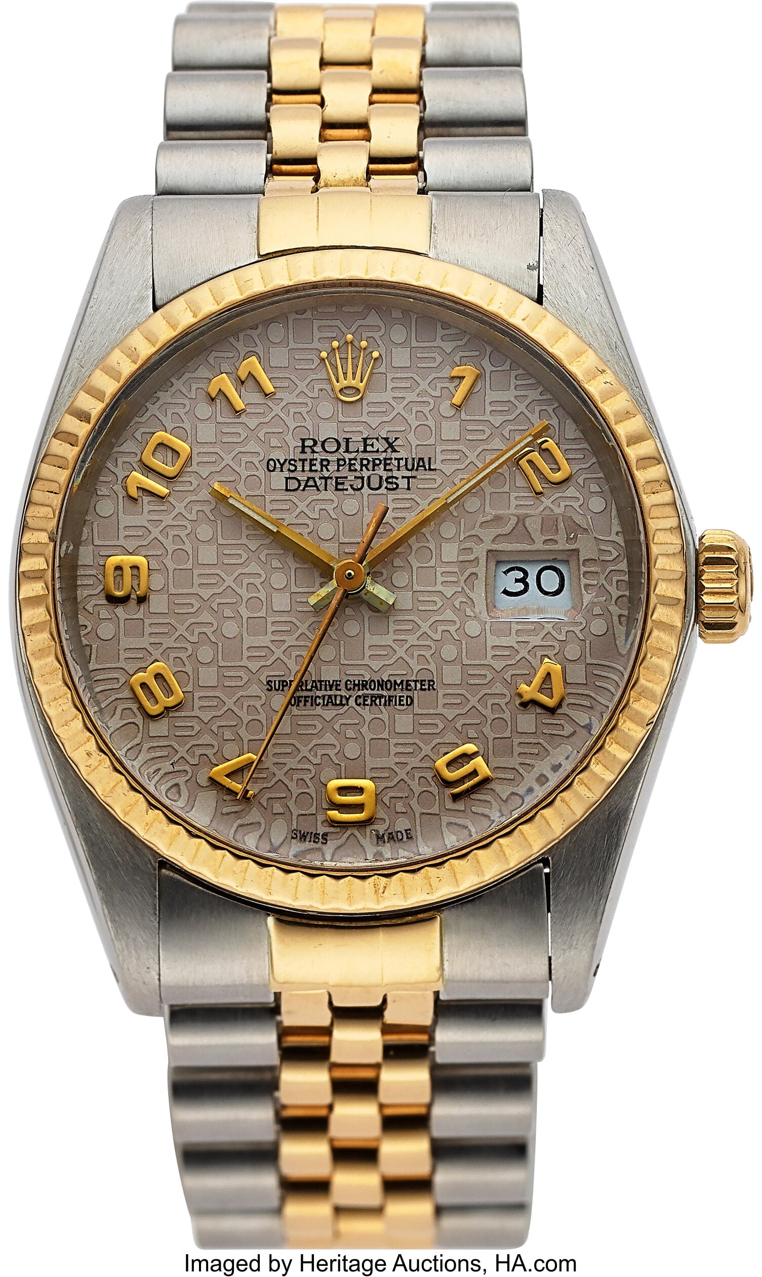 Rolex Oyster Perpetual Datejust, Two Tone, Ref. : Rolex Oyster Perpetual Datejust, Two Tone, Ref. 16013 Case: 35 mm, stainless steel and 18k yellow gold, three body, screw-down case back and crown, fix