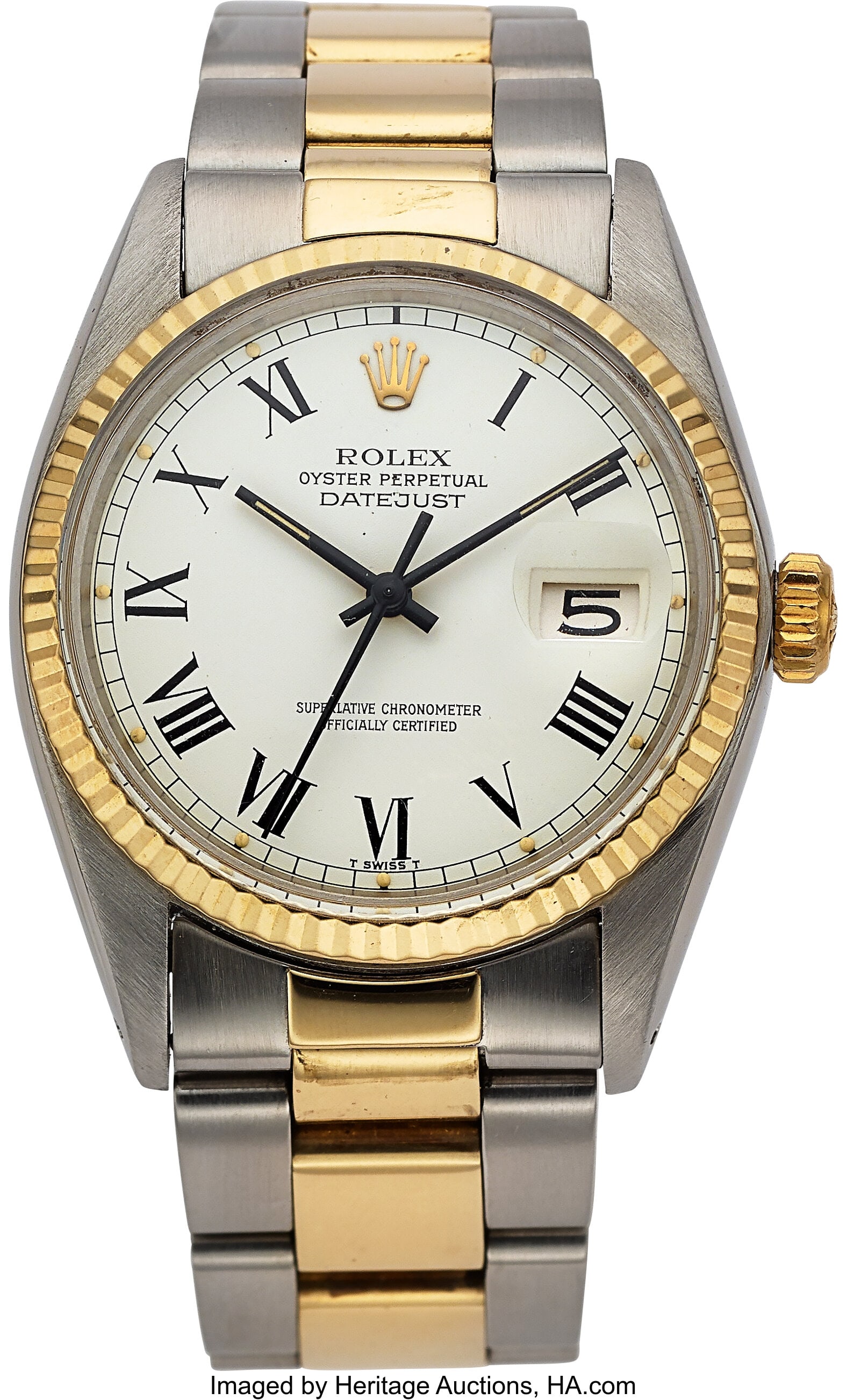 Rolex Oyster Perpetual Datejust Two Tone Steel a: Rolex Oyster Perpetual Datejust Two Tone Steel and 18k Yellow Gold, Ref. 16013 Case: 36 mm, stainless steel and 18k yellow gold, three body, screw-down case back&c