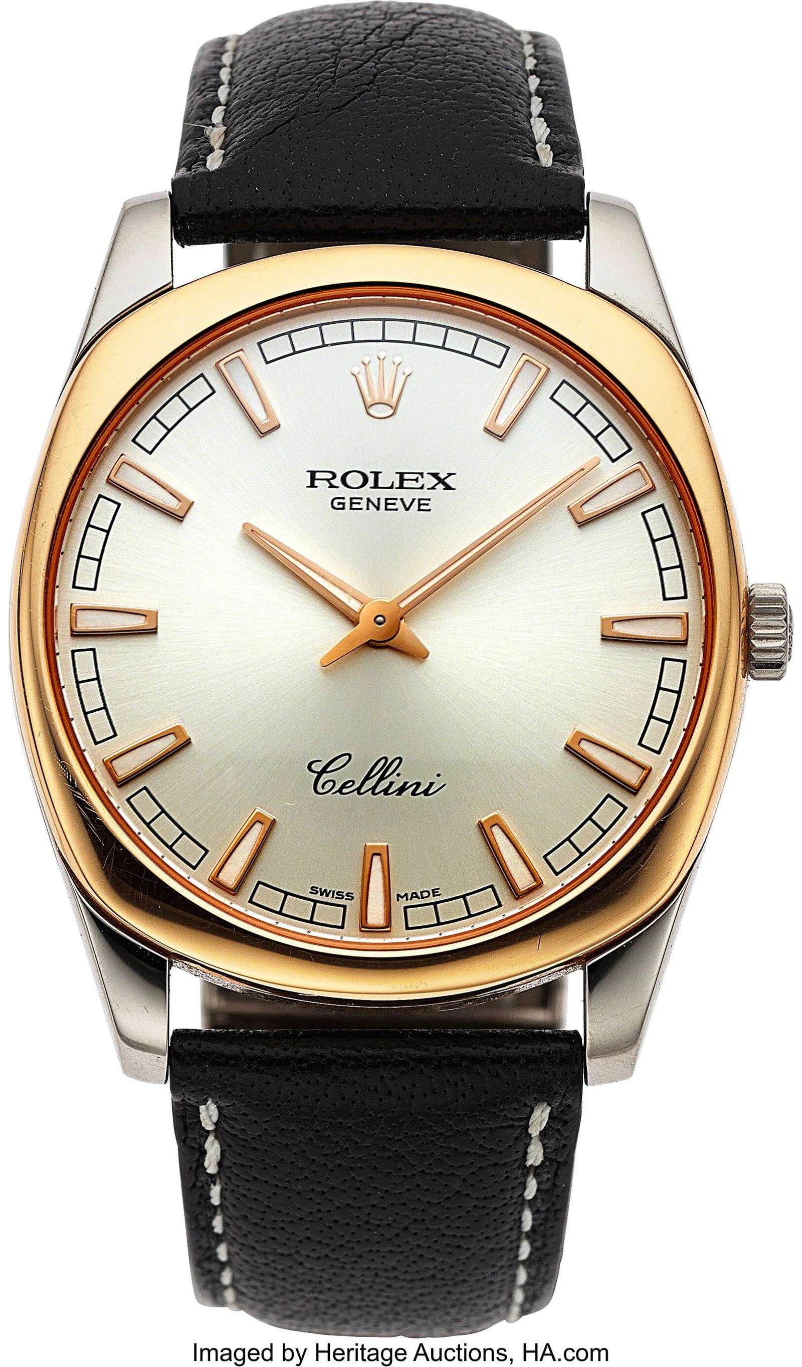 Rolex Cellini, 18k Rose and White Gold, Full Set: Rolex Cellini, 18k Rose and White Gold, Full Set, Ref. 4243 Case: 37 mm x 39 mm, 18k rose and white gold, two body, fixed domed bezel, No.