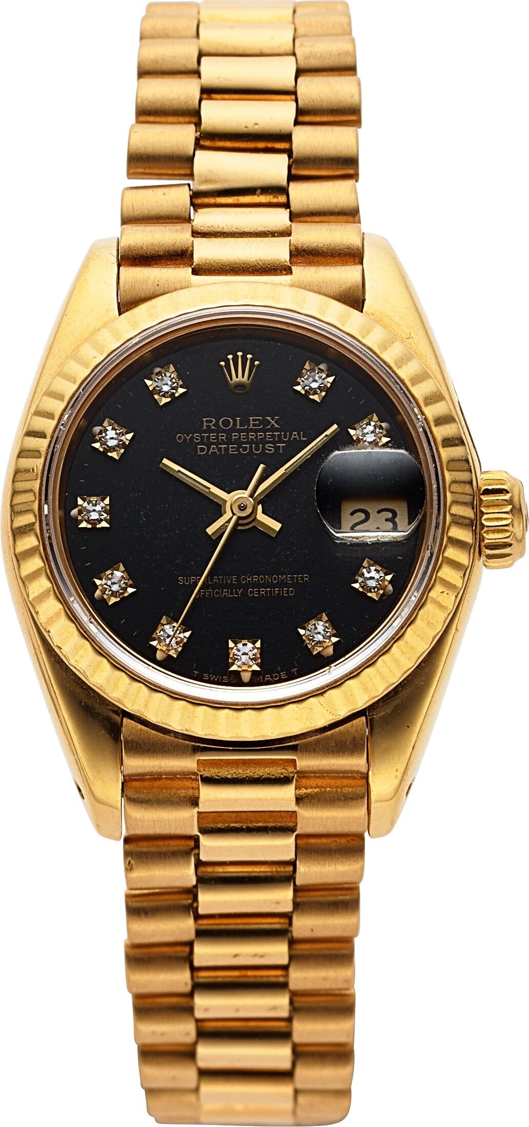 Rolex Ladies Datejust 18k Yellow Gold, Ref. 6917: Rolex Ladies Datejust 18k Yellow Gold, Ref. 69178 Case: 26 mm, 18k yellow gold, three body, screw-down case back and crown, fixed fluted bezel, No&peri