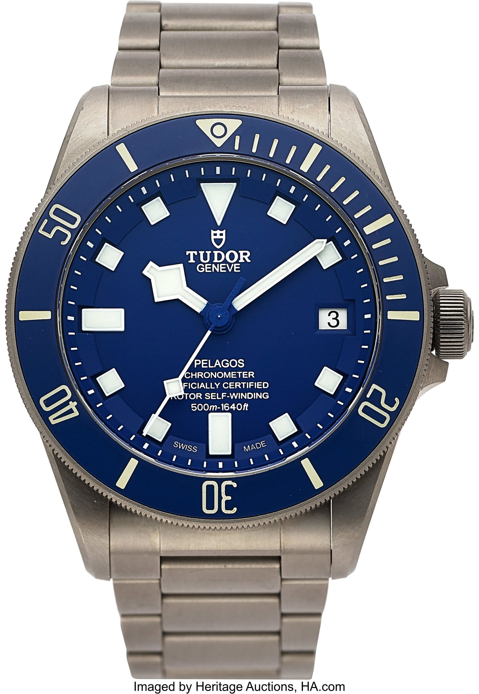 Tudor Pelagos, Titanium, Blue Dial, Ref. 25600T : Tudor Pelagos, Titanium, Blue Dial, Ref. 25600T Case: 42 mm, titanium, three body, screw-down case back and crown, unidirectional ratcheted rotat