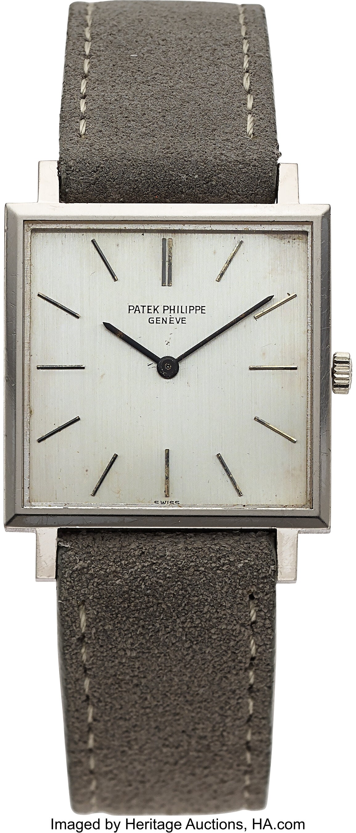 Patek Philippe, 18k White Gold, Square Body, Ref: Patek Philippe, 18k White Gold, Square Body, Ref. 3555G Case: 27 mm, 18k white gold, two body, snap on case back, No. 2679101 Dial: 
