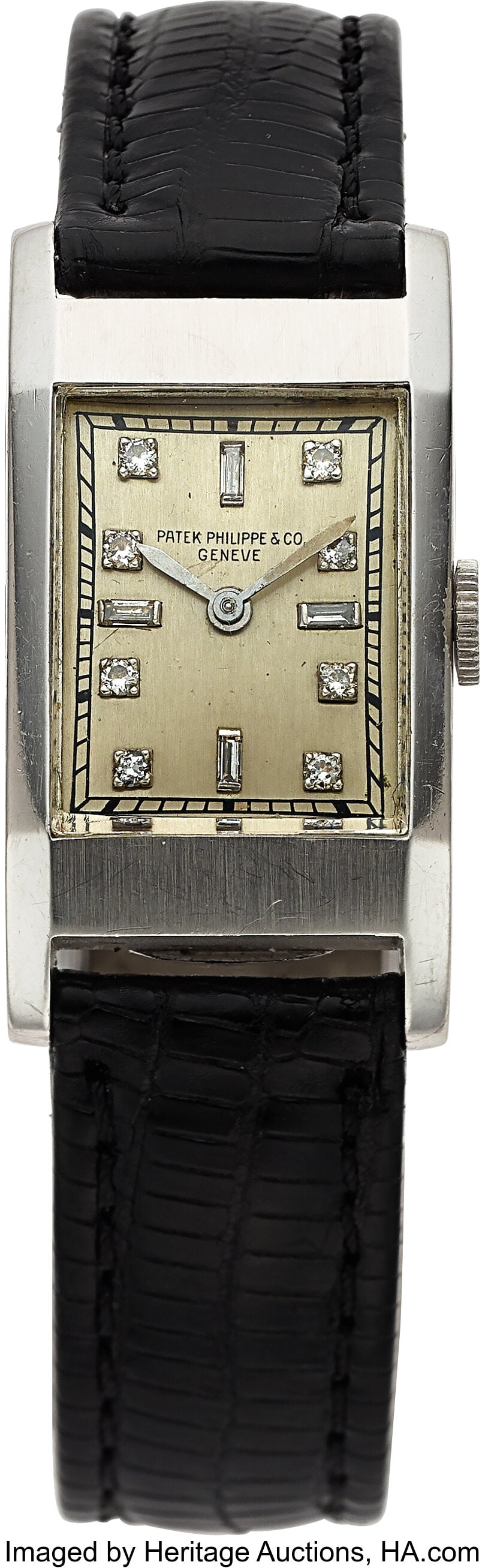 Patek Philippe, Platinum, Diamond Set Dial, Pre-: Patek Philippe, Platinum, Diamond Set Dial, Pre-Reference Case: 19 mm x 28 mm, platinum, two body, snap-on case back Dial: silvered dial, diamond 